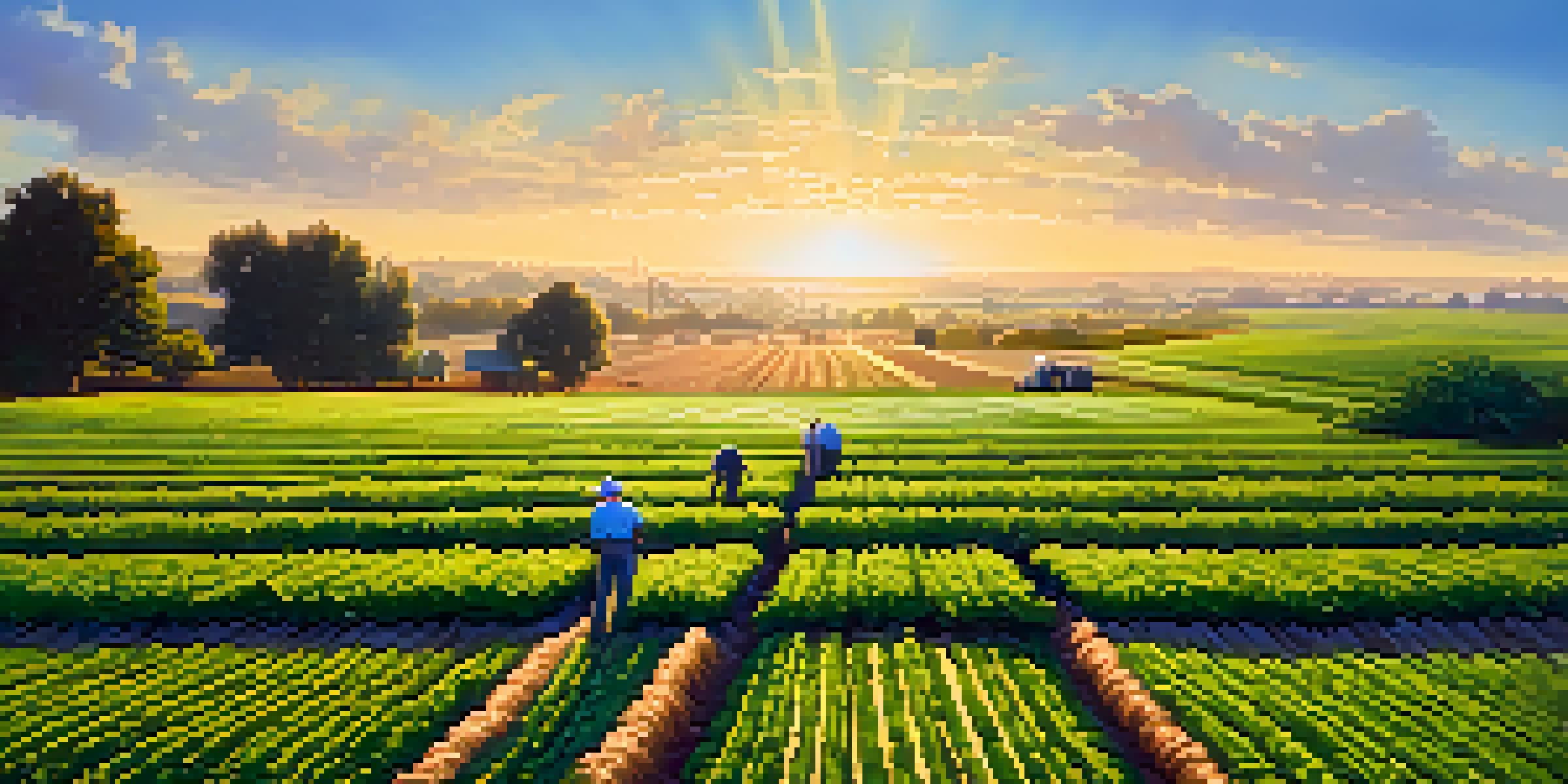 Farmers in a green field using tablets to monitor crop health with GPS and IoT devices.