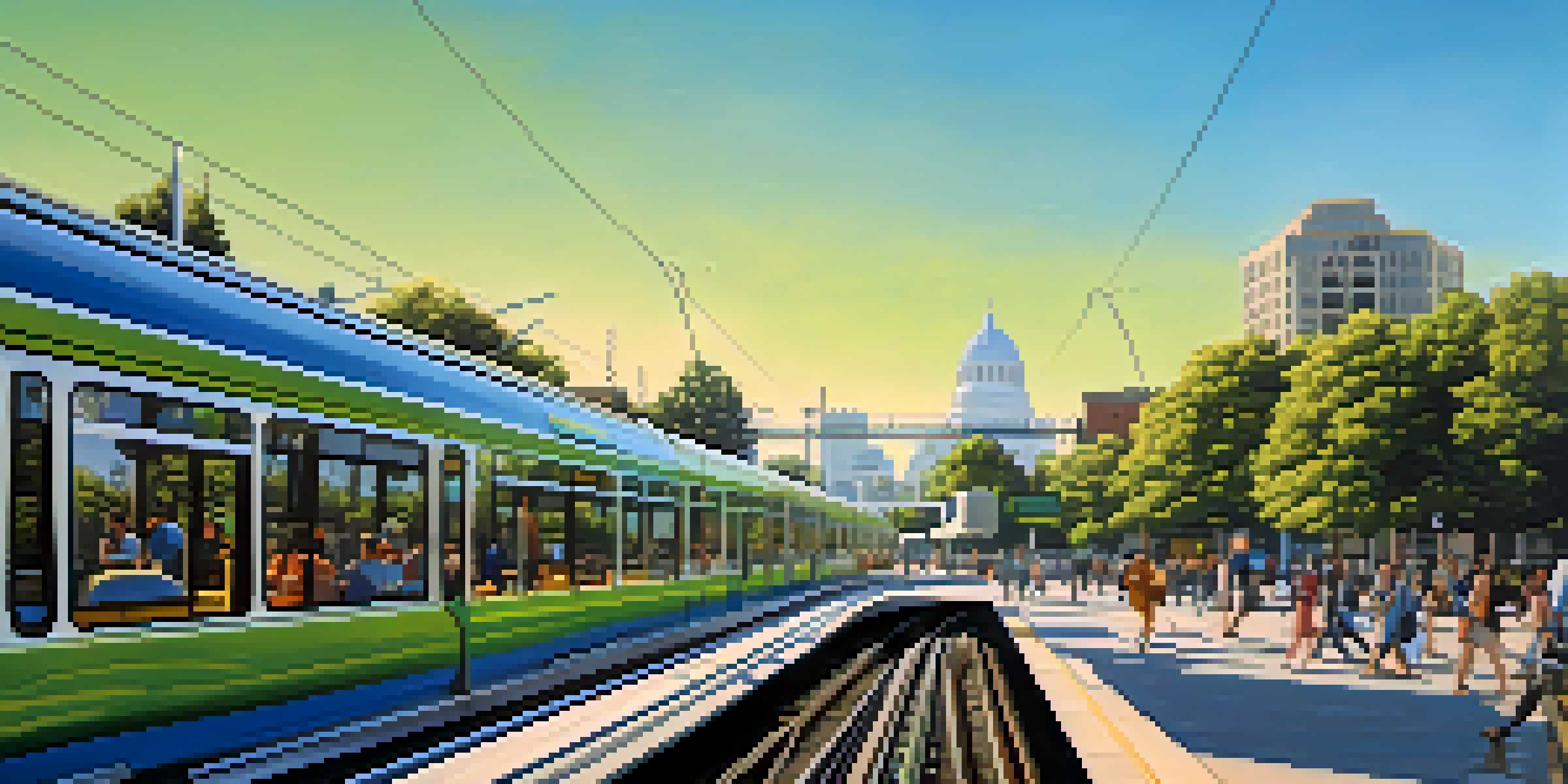 A colorful view of Sacramento with a light rail train, trees, and a clear sky, depicting urban transit and architecture.