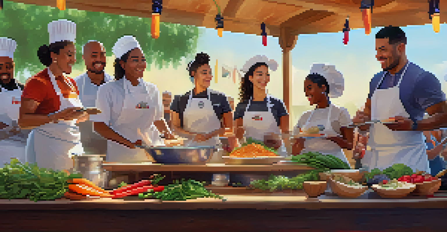 A diverse chef demonstrating cooking techniques at a culinary festival, surrounded by fresh ingredients and an engaged audience.