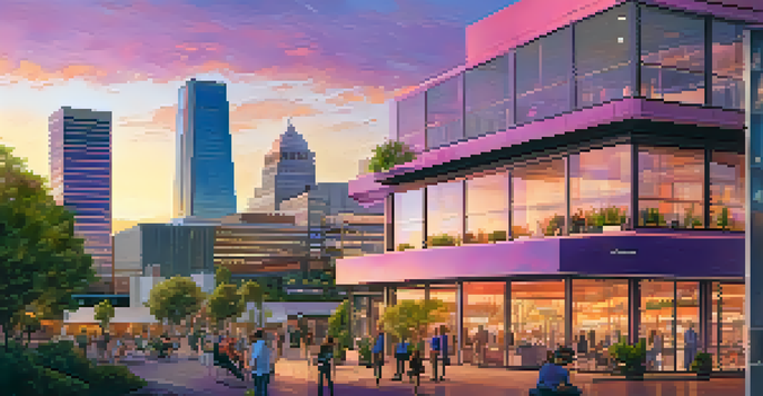 A panoramic view of Sacramento's skyline at sunset with modern and historic buildings, featuring a co-working space in the foreground.