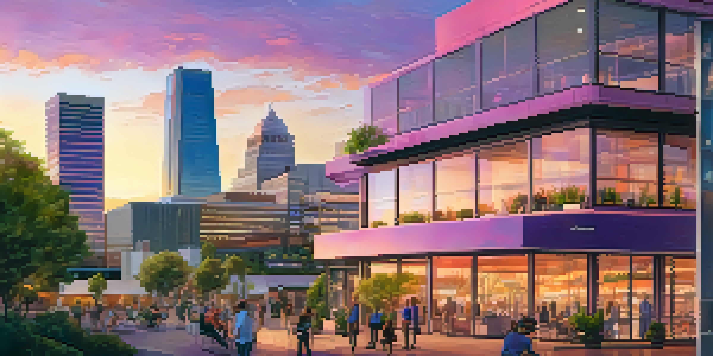 A panoramic view of Sacramento's skyline at sunset with modern and historic buildings, featuring a co-working space in the foreground.