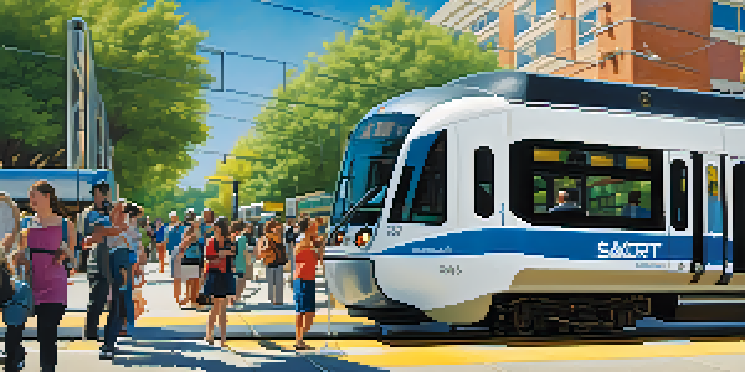 A Sacramento light rail train arriving at a busy station with commuters waiting and green trees and buildings in the background.