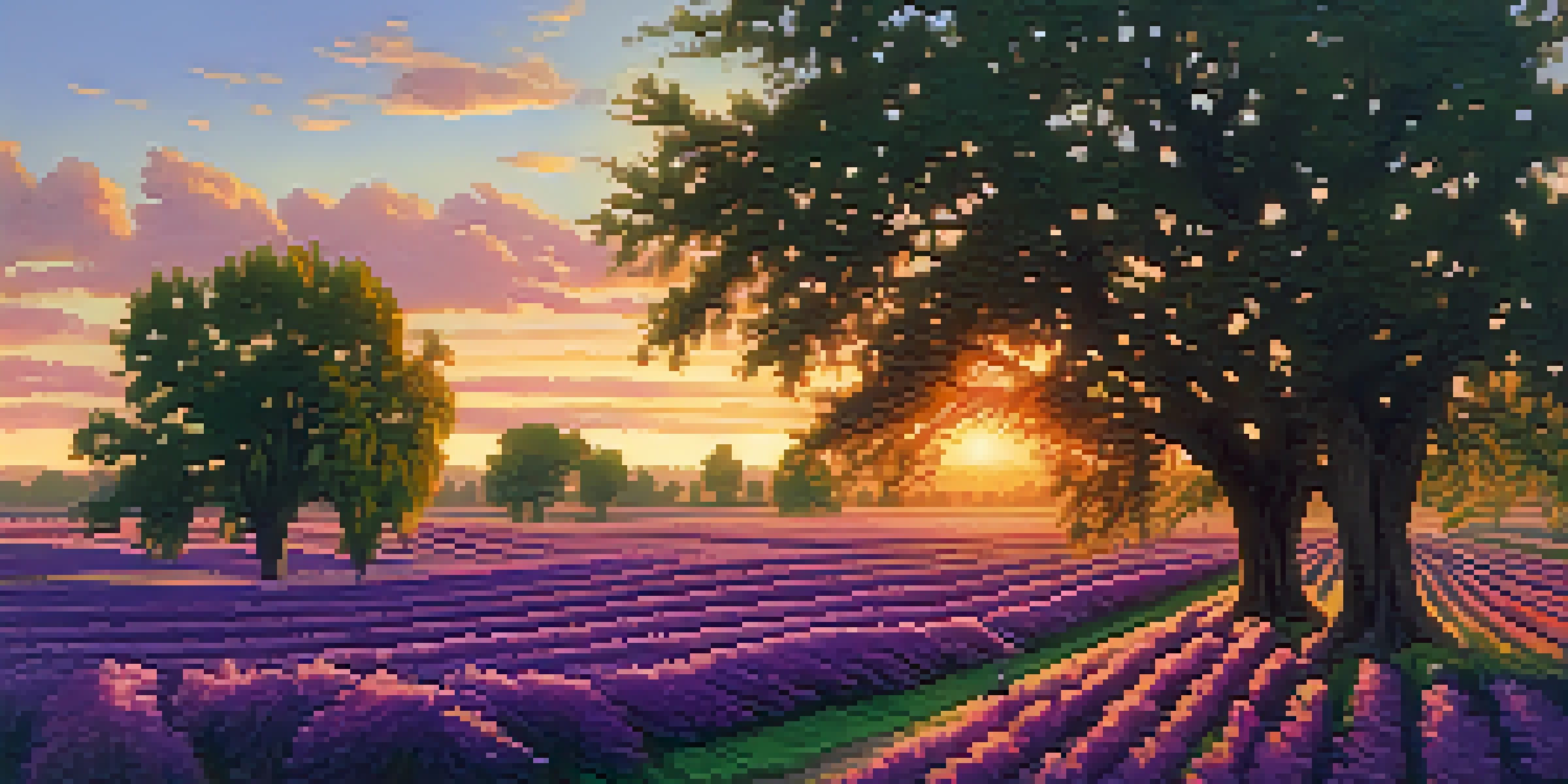 A wide view of Sacramento's almond orchards at sunset, with farmers working among the trees and a colorful sky.