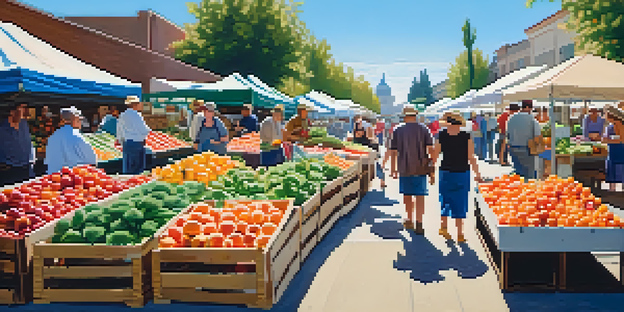 A lively farmers market filled with colorful seasonal produce, bustling with people and farmers under a clear sky.