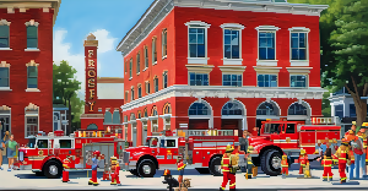 Families participating in a fire safety workshop at a historic firehouse, with cheerful interactions between children and firefighters.