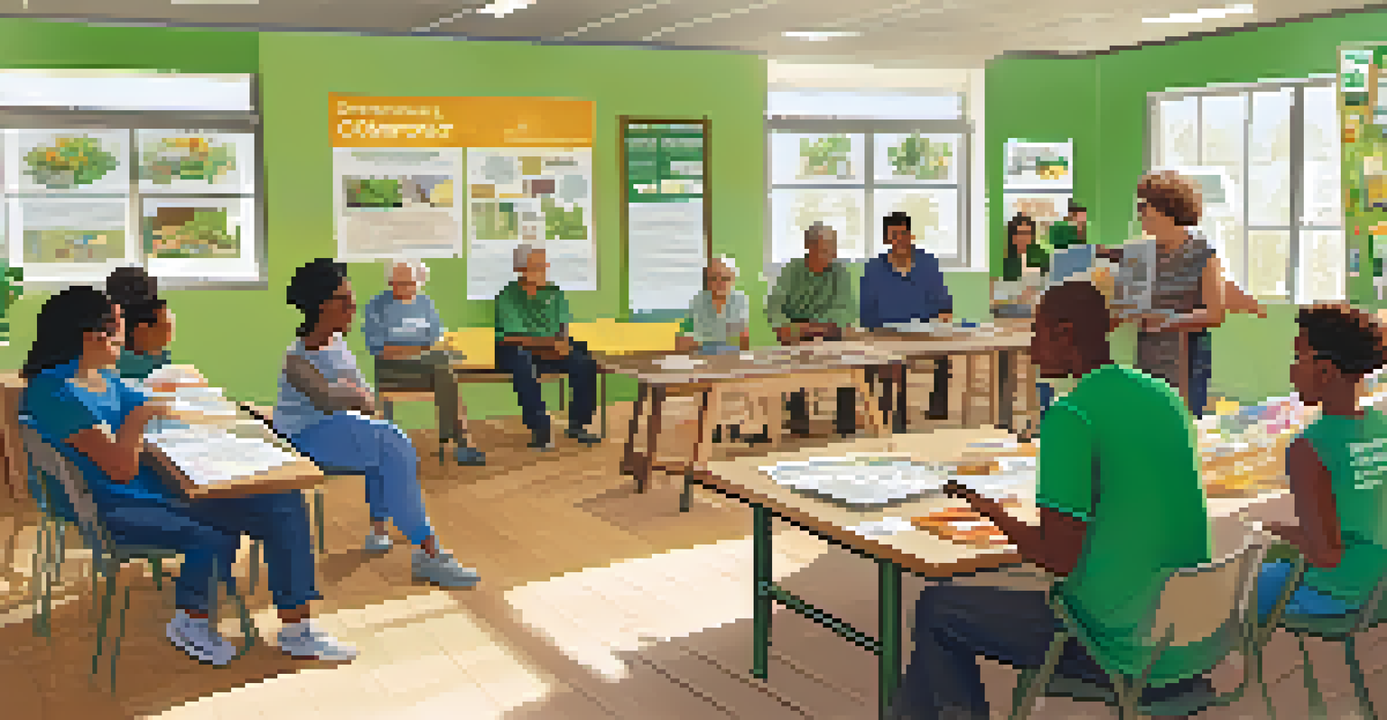 A diverse group of people attending a waste reduction workshop in a bright community center, with tables full of materials and an instructor demonstrating waste sorting.