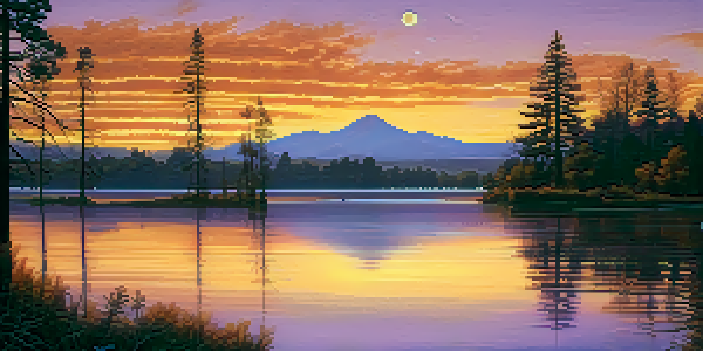 A sunset view of the Sacramento River with traditional Native American symbols reflected in the water, surrounded by trees and mountains.