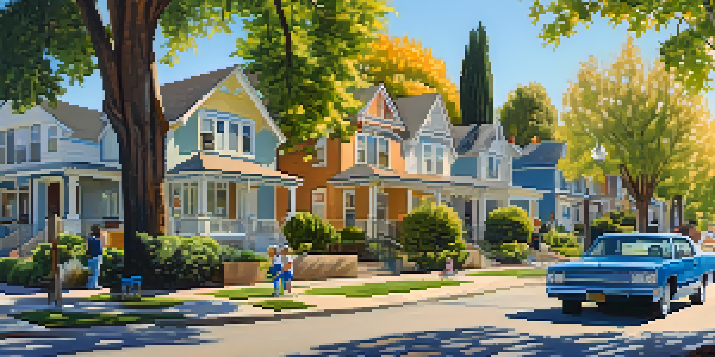A sunny Sacramento neighborhood with a blend of historic and modern homes, featuring families enjoying outdoor activities.