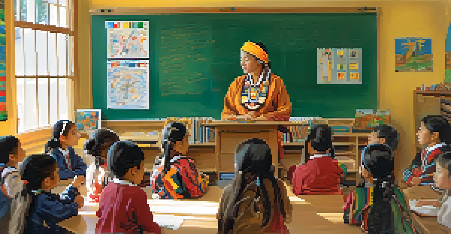 A vibrant classroom with Miwok children learning their language from a teacher in traditional attire, surrounded by educational posters.