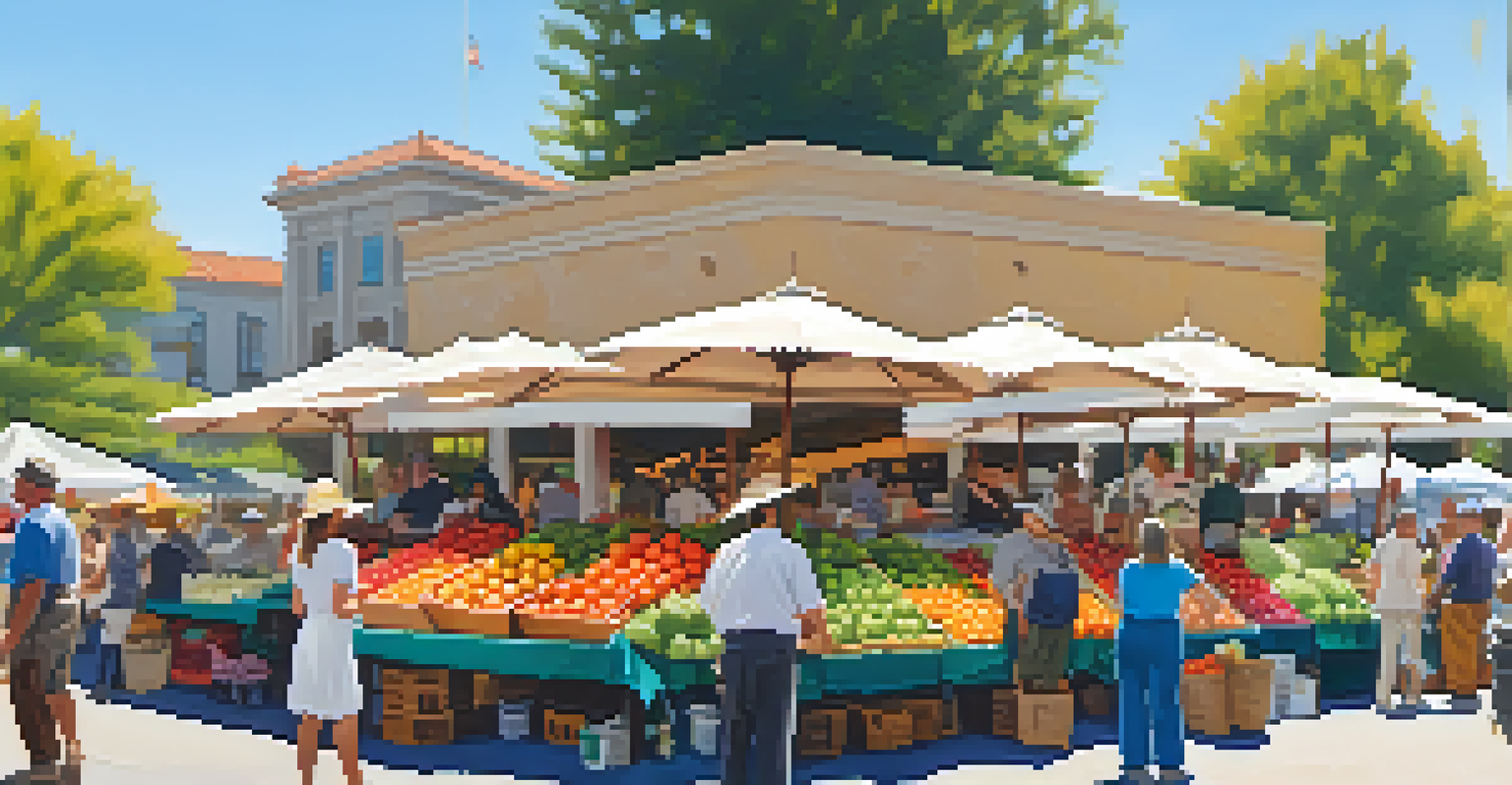 A lively farmers market in Sacramento with colorful stalls and diverse shoppers.