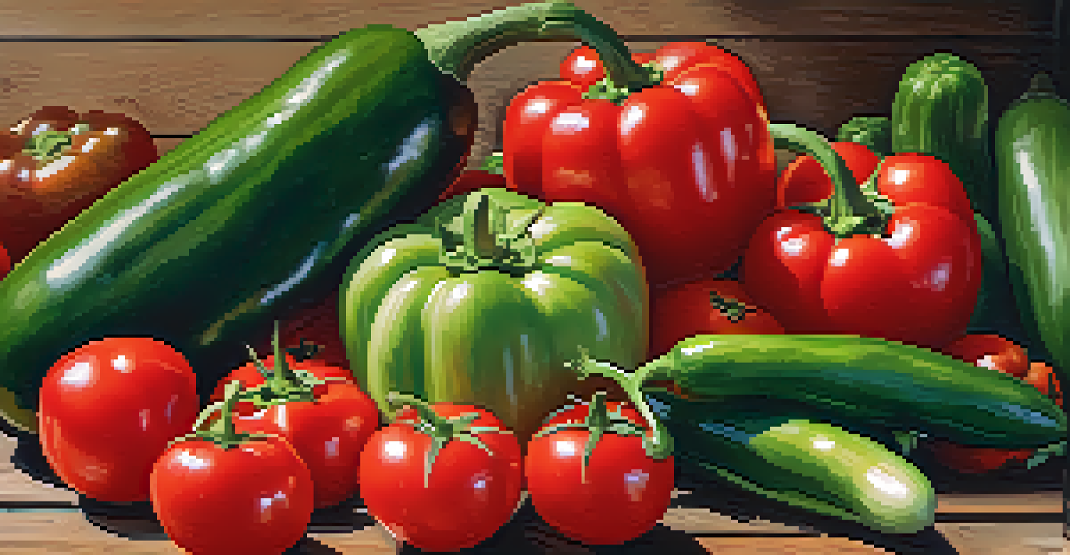 A close-up of freshly harvested vegetables including tomatoes, cucumbers, and bell peppers on a rustic table, with a blurred garden background.