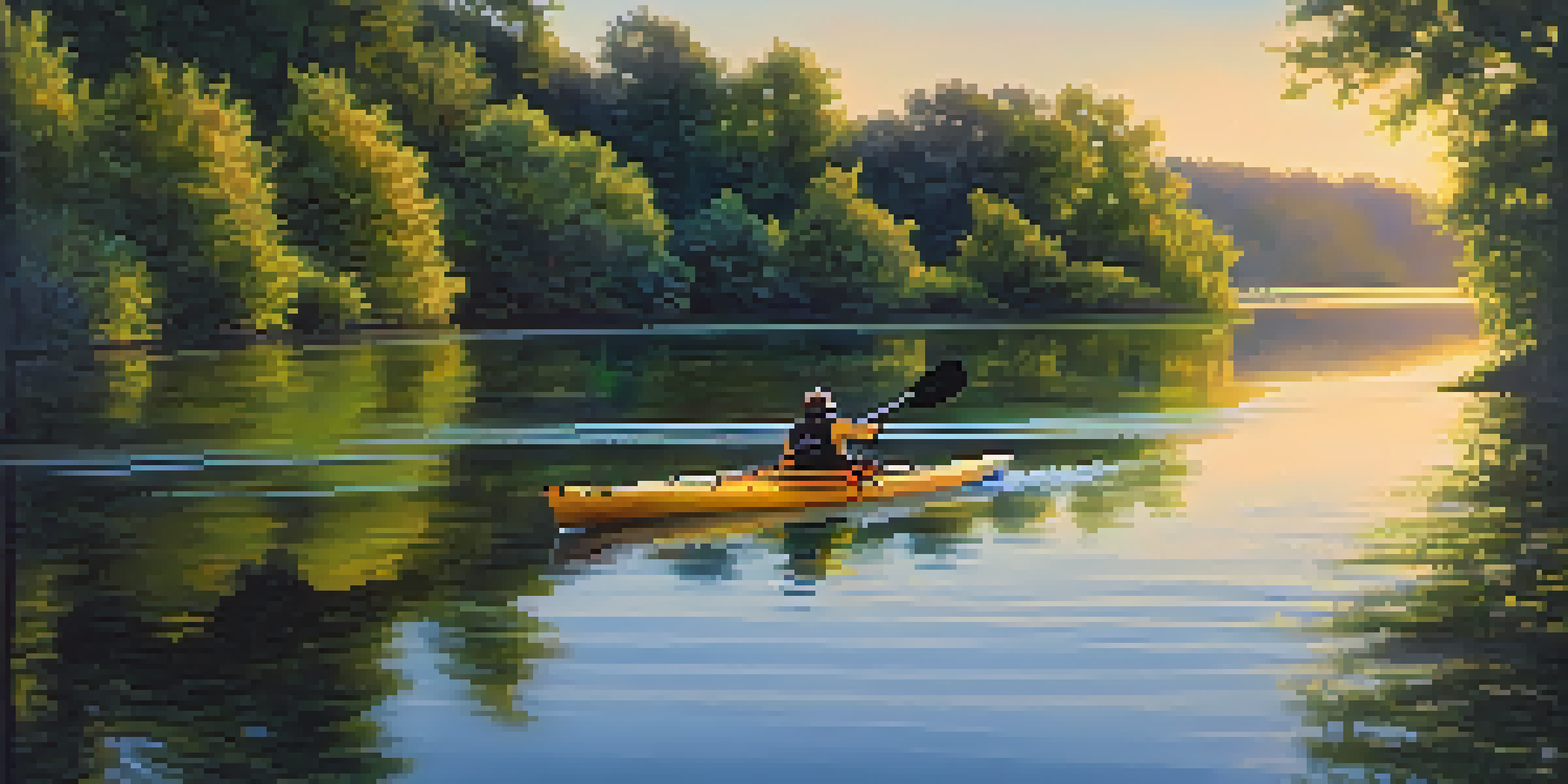 A kayak on the Sacramento River at sunset, with greenery and wildflowers along the banks.