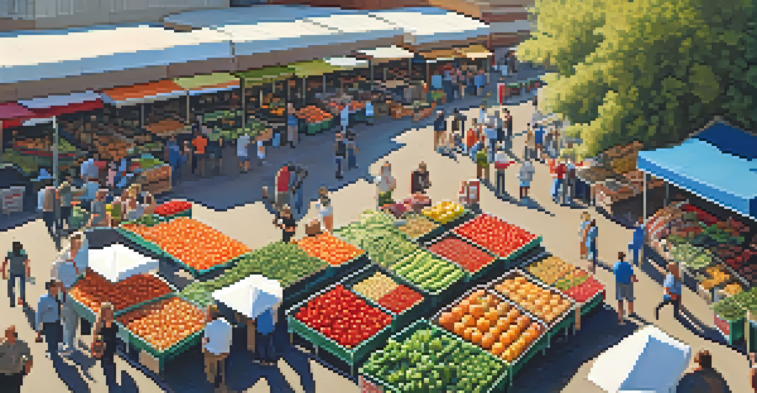 A busy farmer's market in Sacramento with colorful produce and shoppers interacting with farmers.