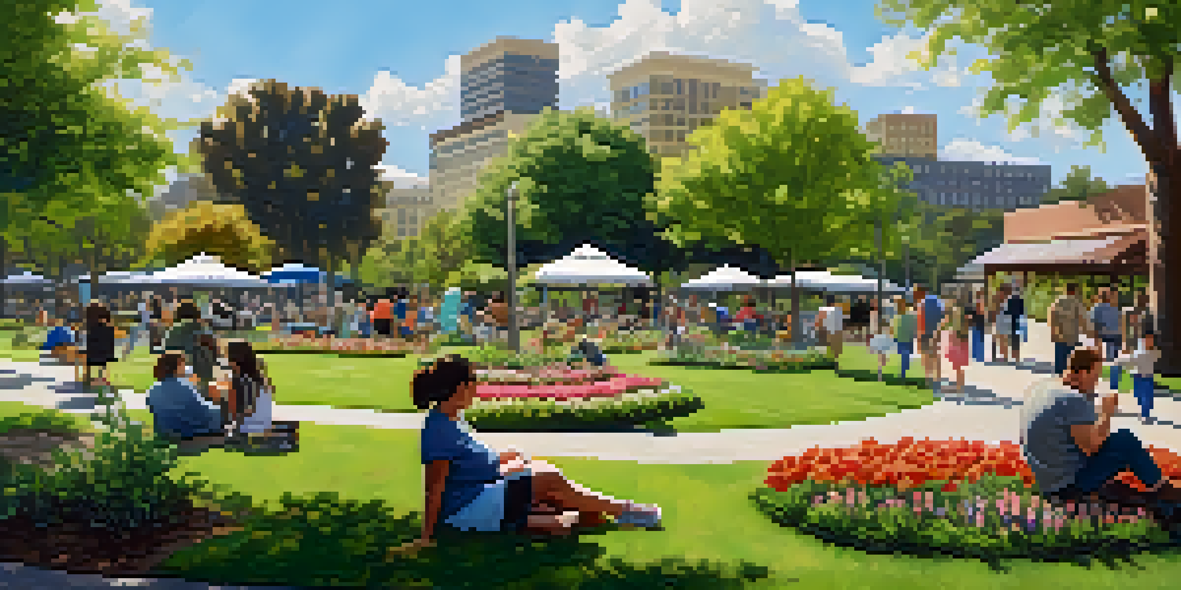 A vibrant urban park in Sacramento with green trees, flowers, and people engaging in community activities.