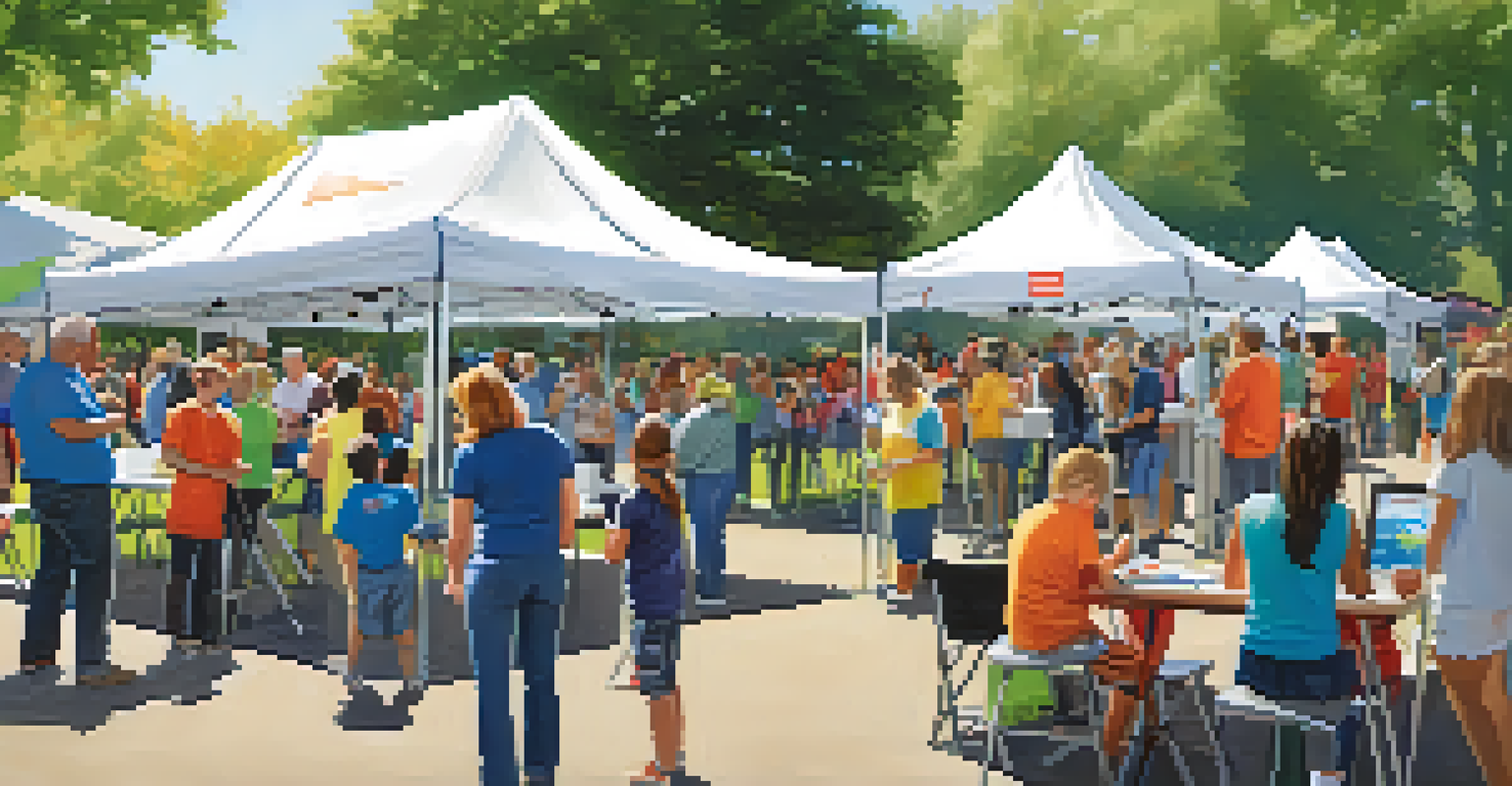 A vibrant community event in a park with residents learning about emergency preparedness from local tech companies.