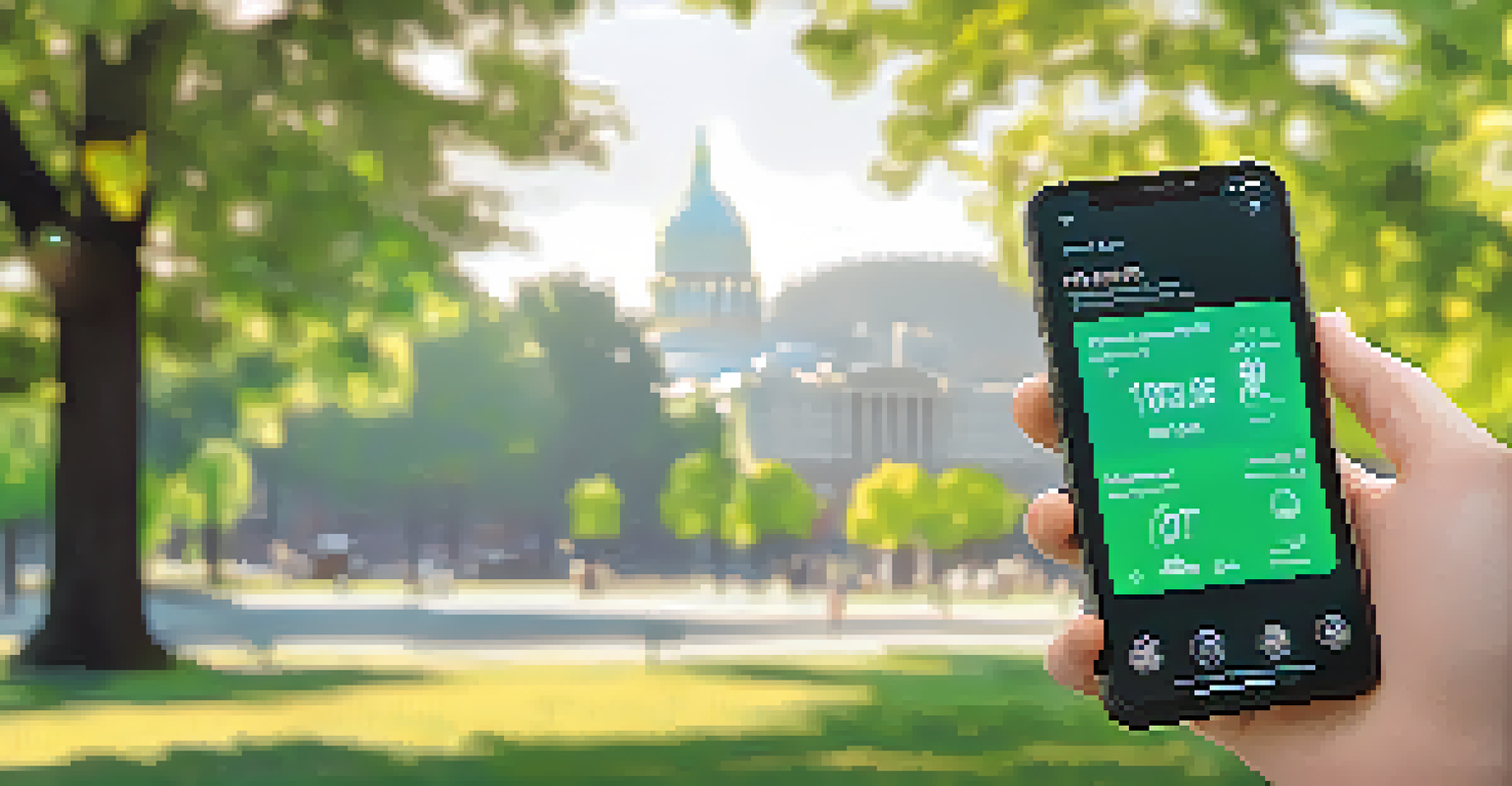 A smartphone displaying air quality data in a park, with greenery and clear skies in the background.