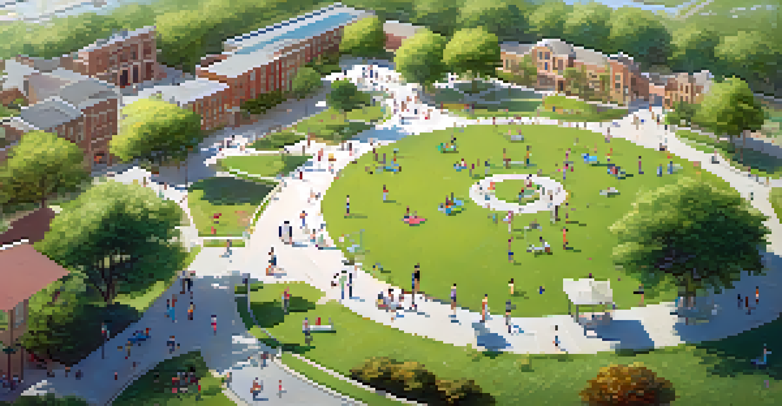 Aerial view of Land Park, featuring green spaces, playgrounds, and families enjoying a sunny day.