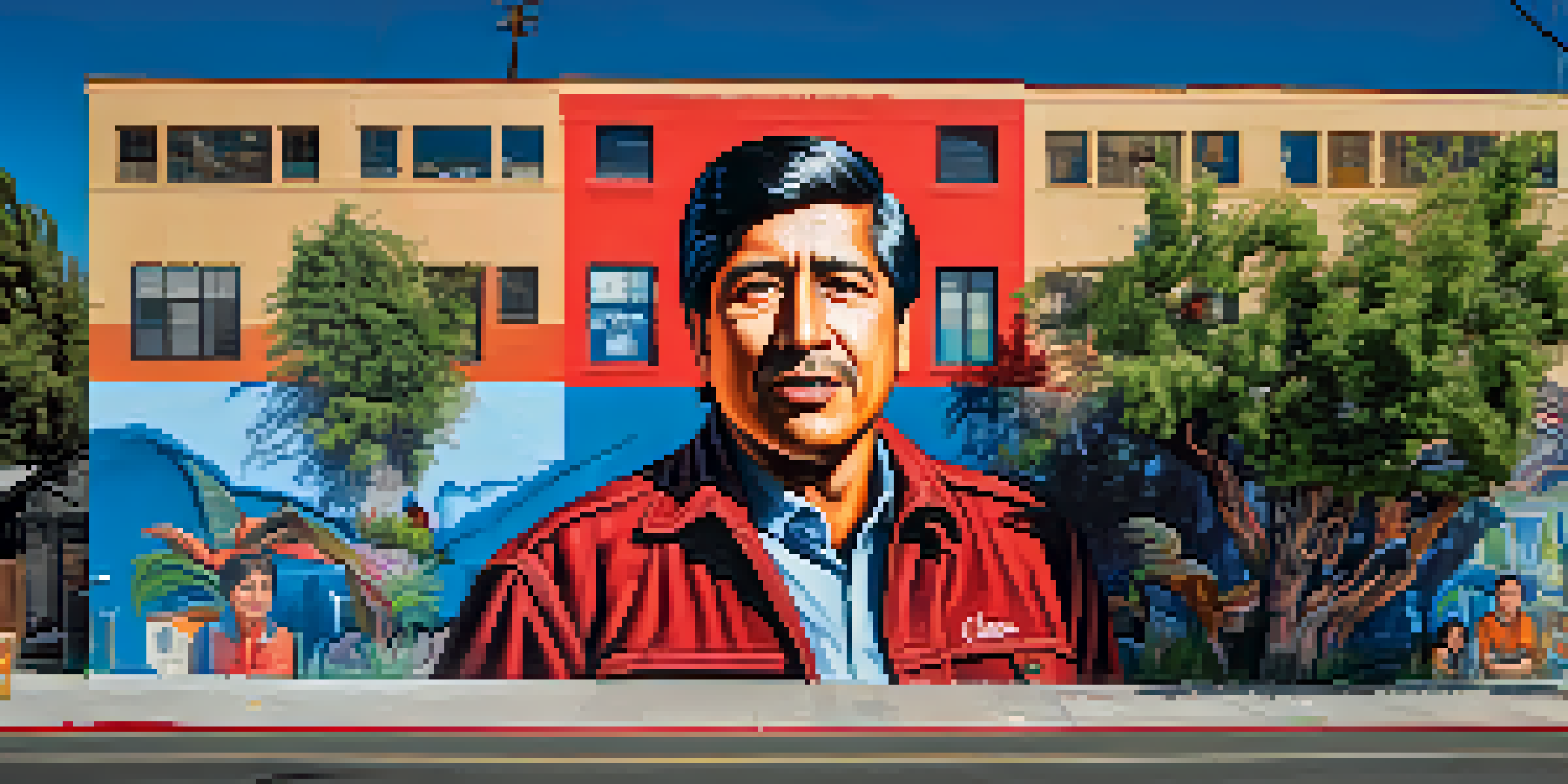A colorful mural honoring Cesar Chavez, filled with symbols of justice and community, set in an urban environment with green surroundings.