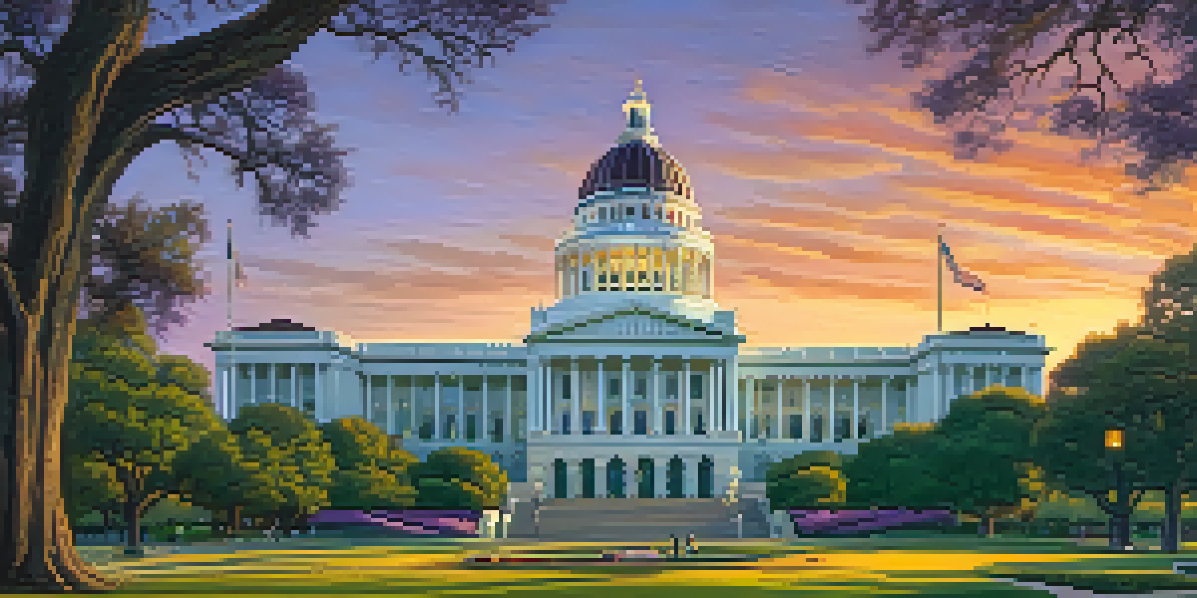 A beautiful sunset view of the California State Capitol in Sacramento, highlighting its architecture and gardens with people walking around.