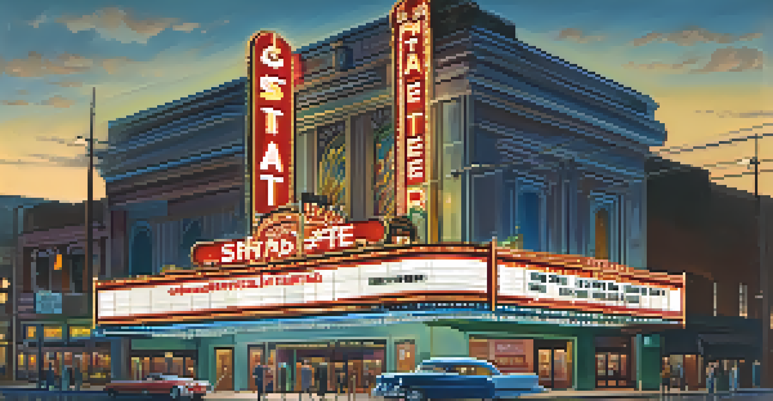 The Historic State Theatre at night, adorned with neon lights and mid-century modern design, with people entering and a lively street scene.