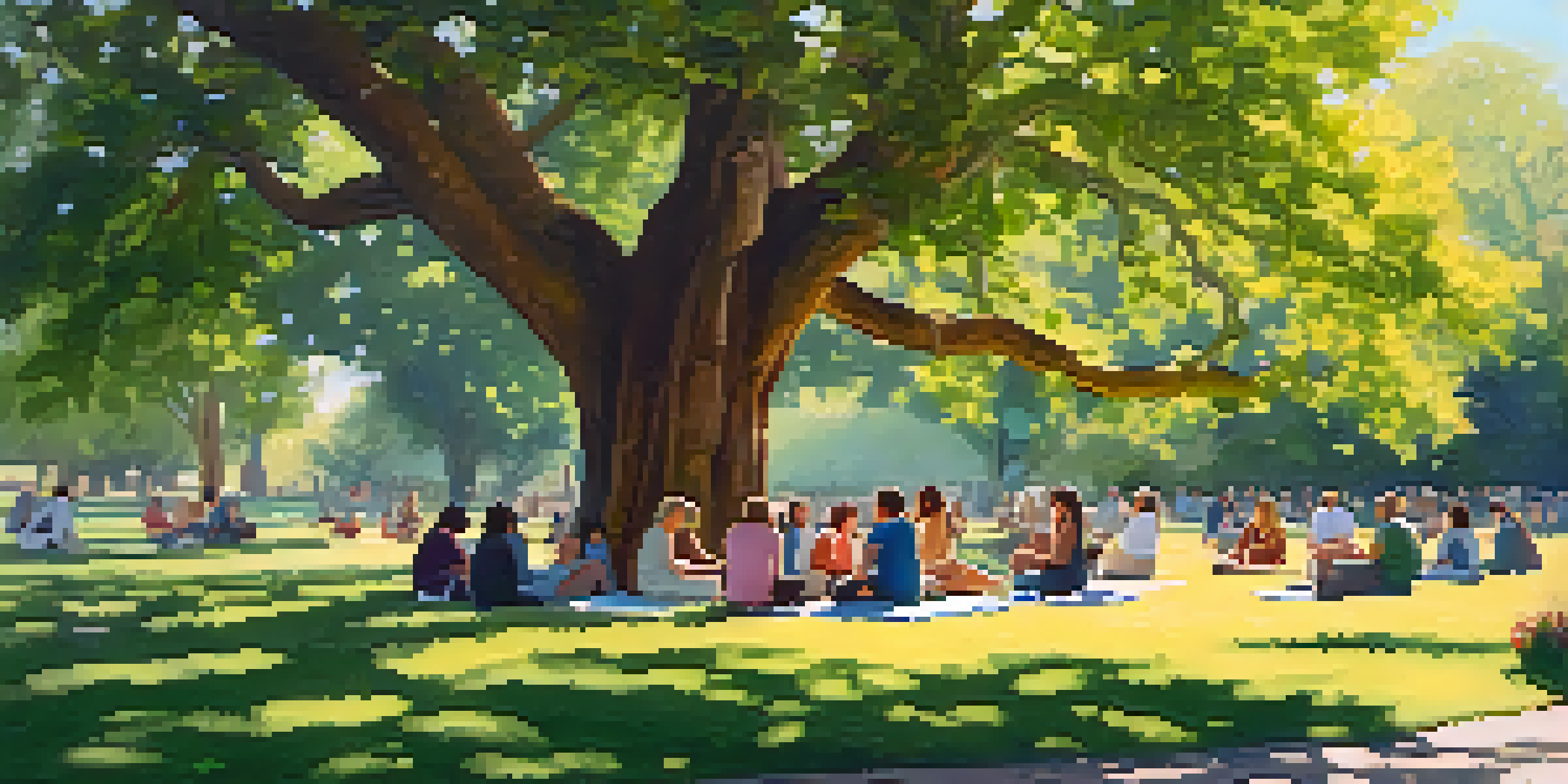 A diverse group of people sitting in a circle under an oak tree in a park, participating in a support group, surrounded by flowers and green grass.