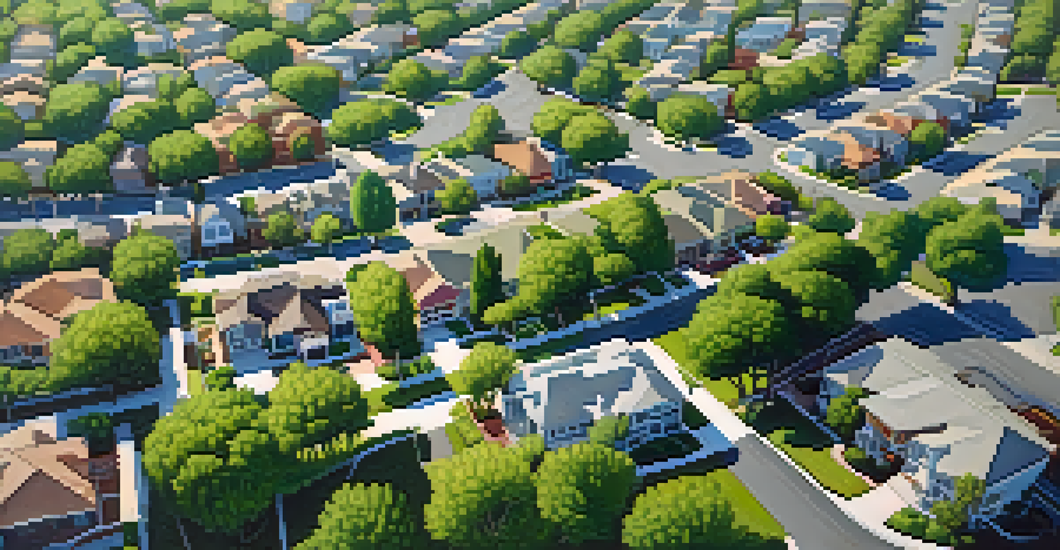 An aerial view of a Sacramento neighborhood showcasing a mix of urban development and green spaces, with contrasting asphalt and parks.