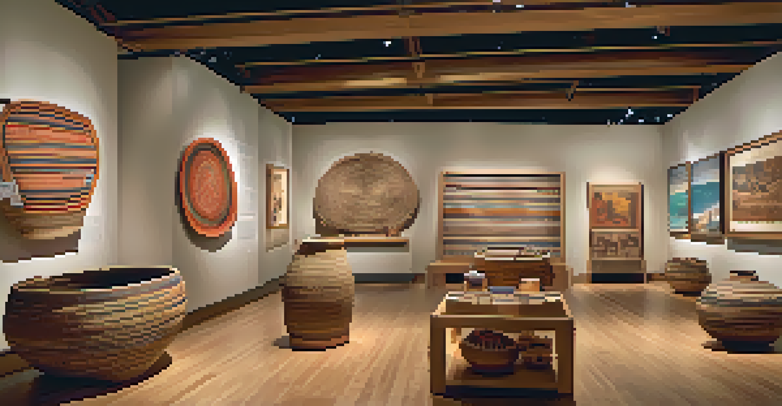 An interior view of a museum exhibit featuring traditional Native American artifacts like baskets and pottery, with visitors exploring the displays.