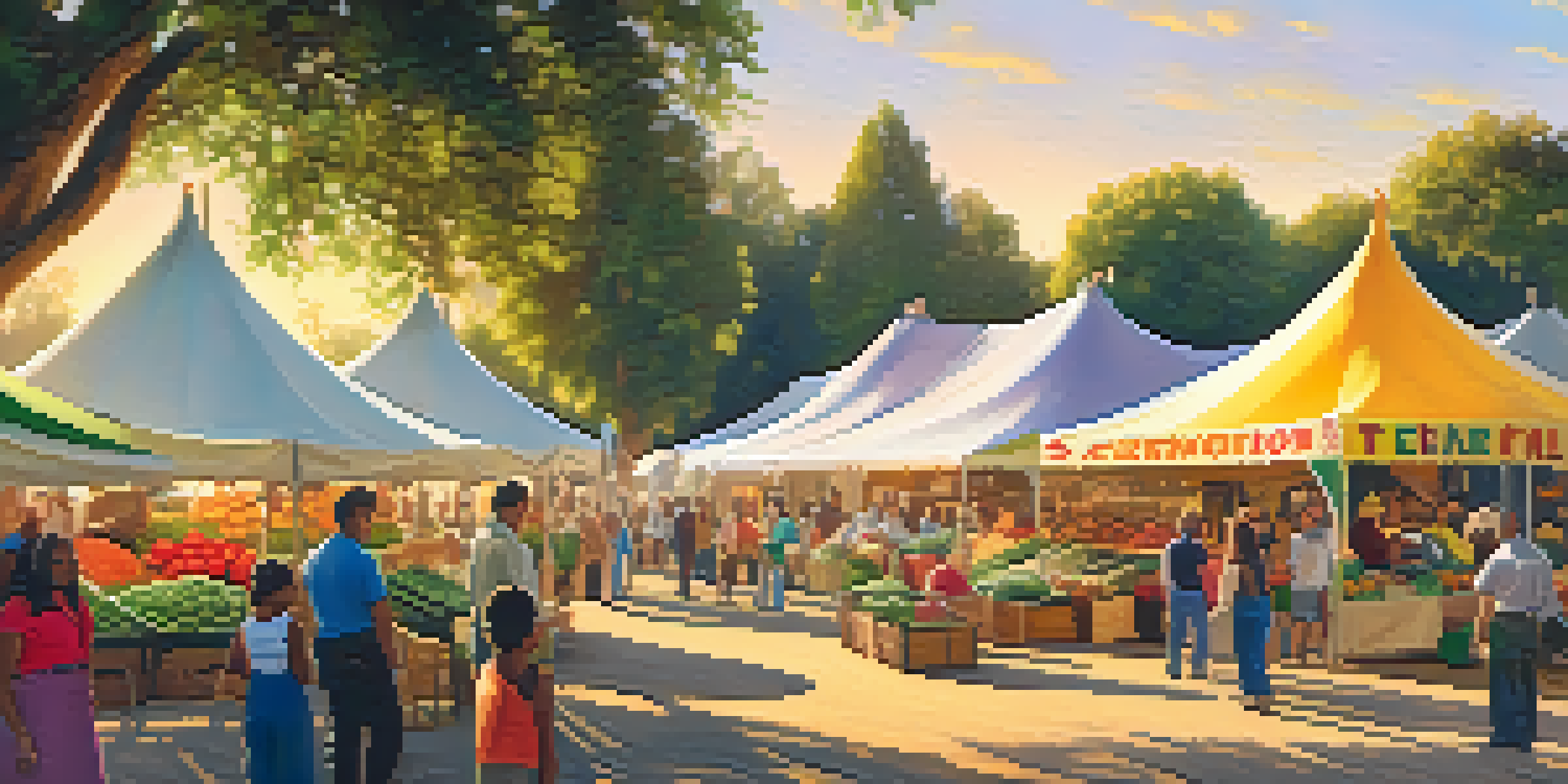 A lively fair scene with local farmers showcasing fresh produce and livestock, families interacting in a sunny environment.