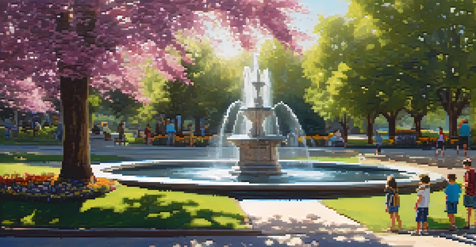 A tranquil fountain surrounded by green trees and flowers in a Sacramento park with children playing nearby.