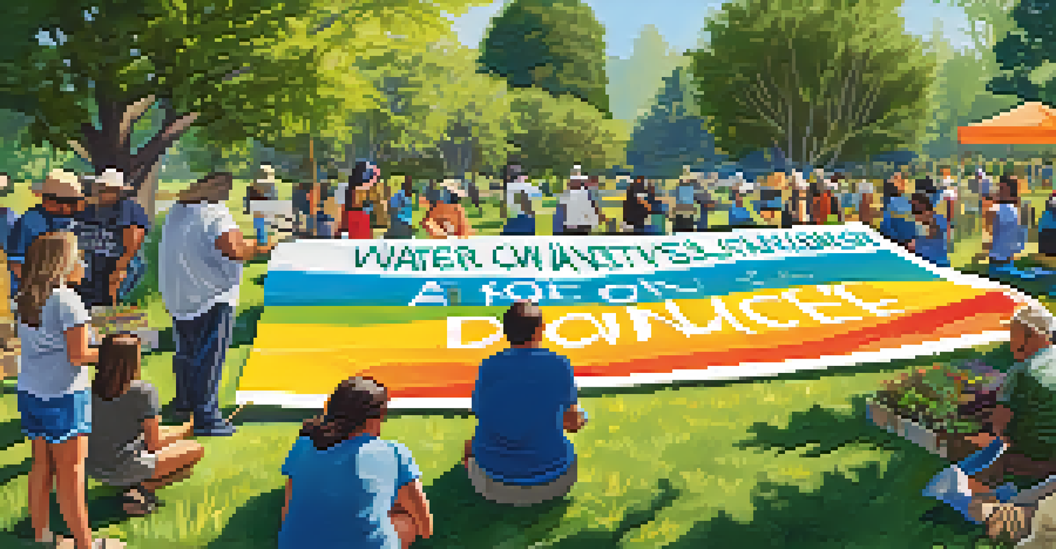 A community workshop in Sacramento where diverse participants learn about water conservation through hands-on activities, with a sunny park setting and colorful promotional banners.