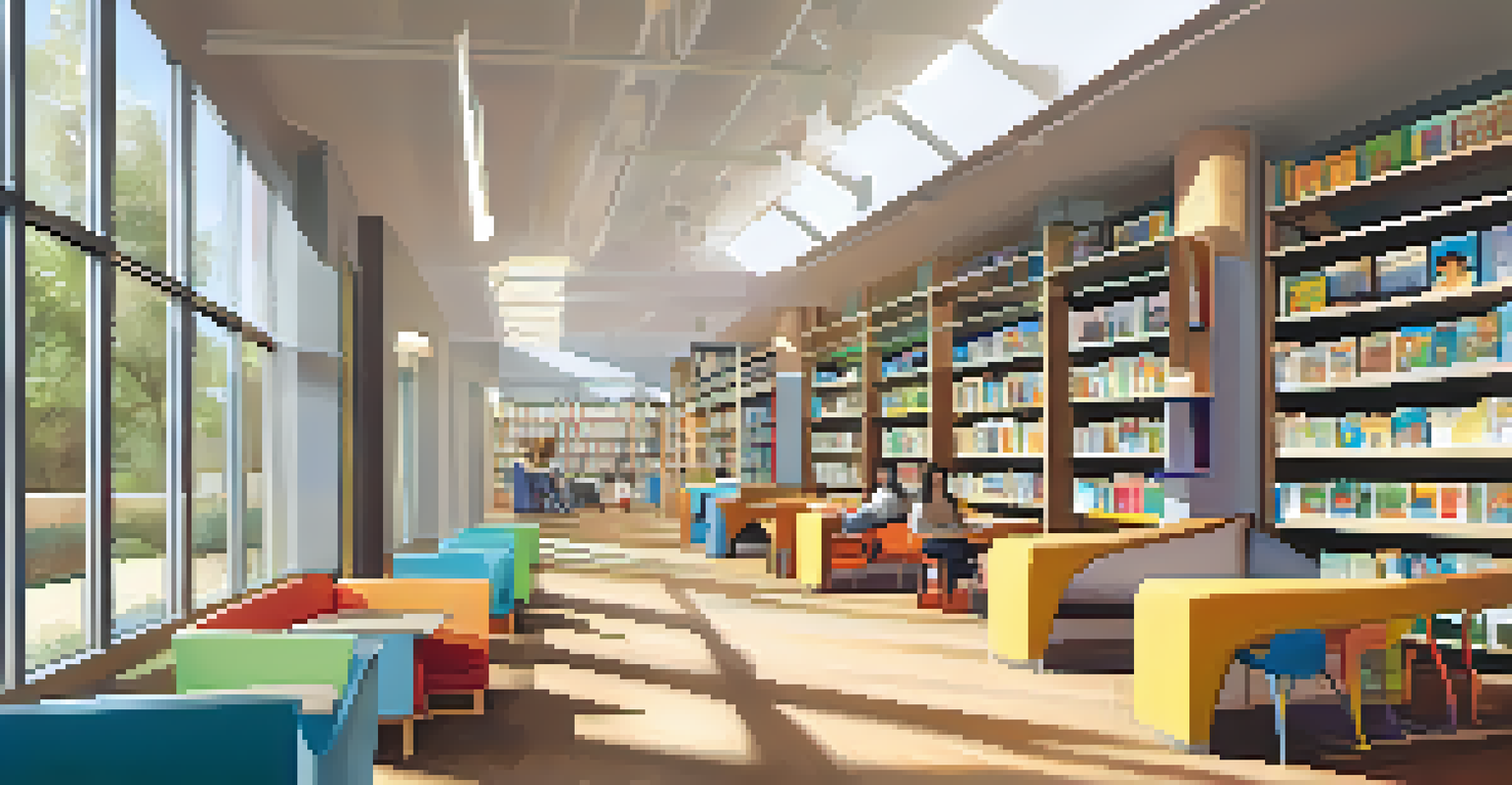 The interior of a community library with comfortable seating, shelves of books, and a colorful mural celebrating local authors.