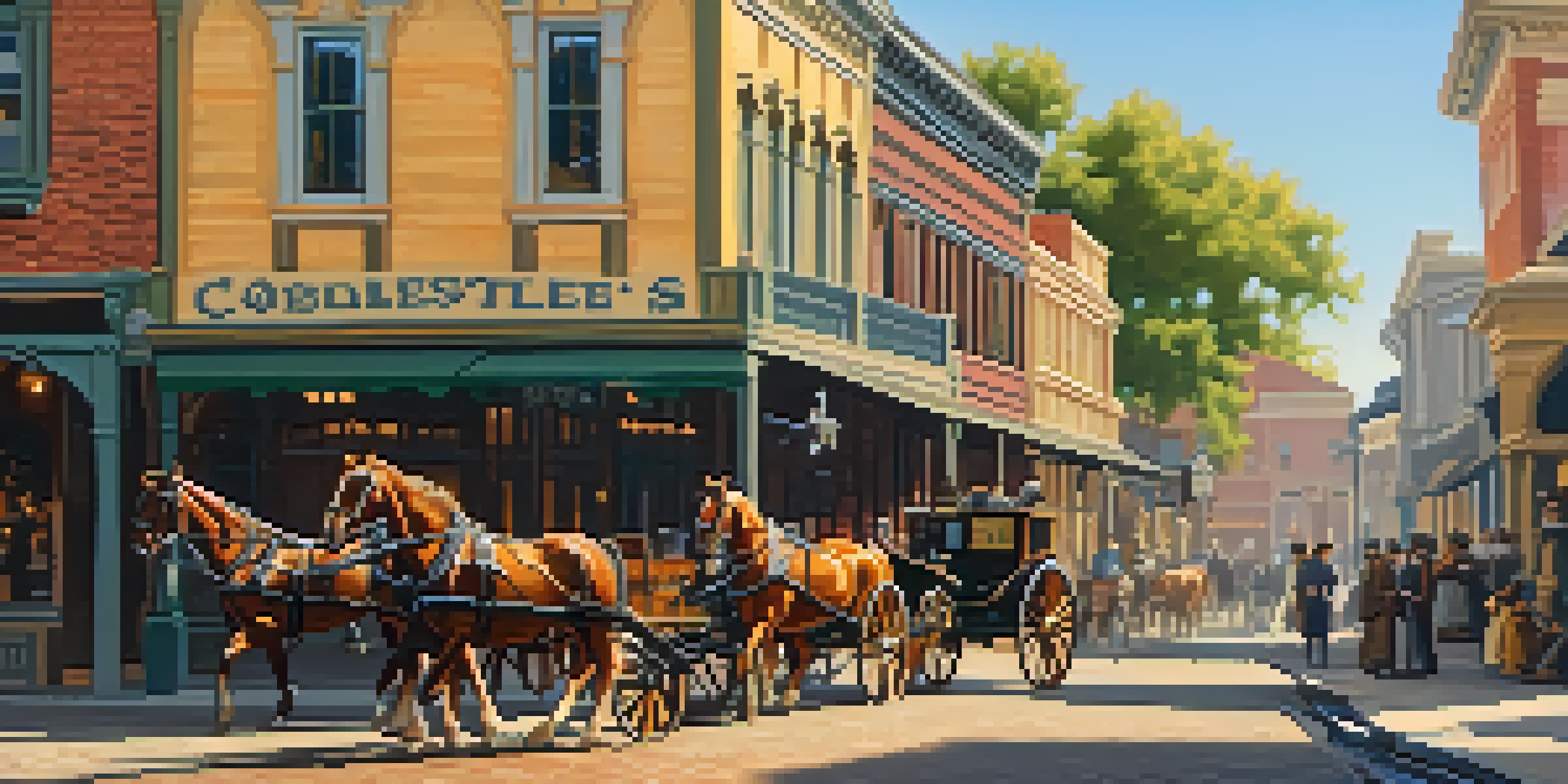 A historic view of Old Sacramento featuring cobblestone streets, vintage buildings, and horse-drawn carriages under warm sunlight.