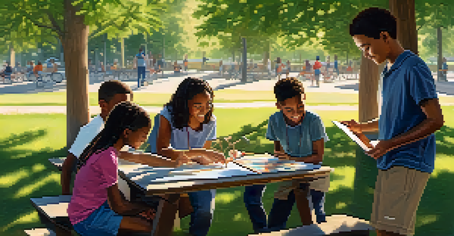 An outdoor mentorship session with a mentor guiding young students through a STEM project in a park.