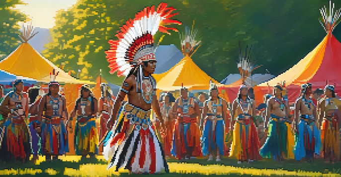 Indigenous dancers in traditional attire performing at a powwow in a park, surrounded by spectators and colorful decorations.