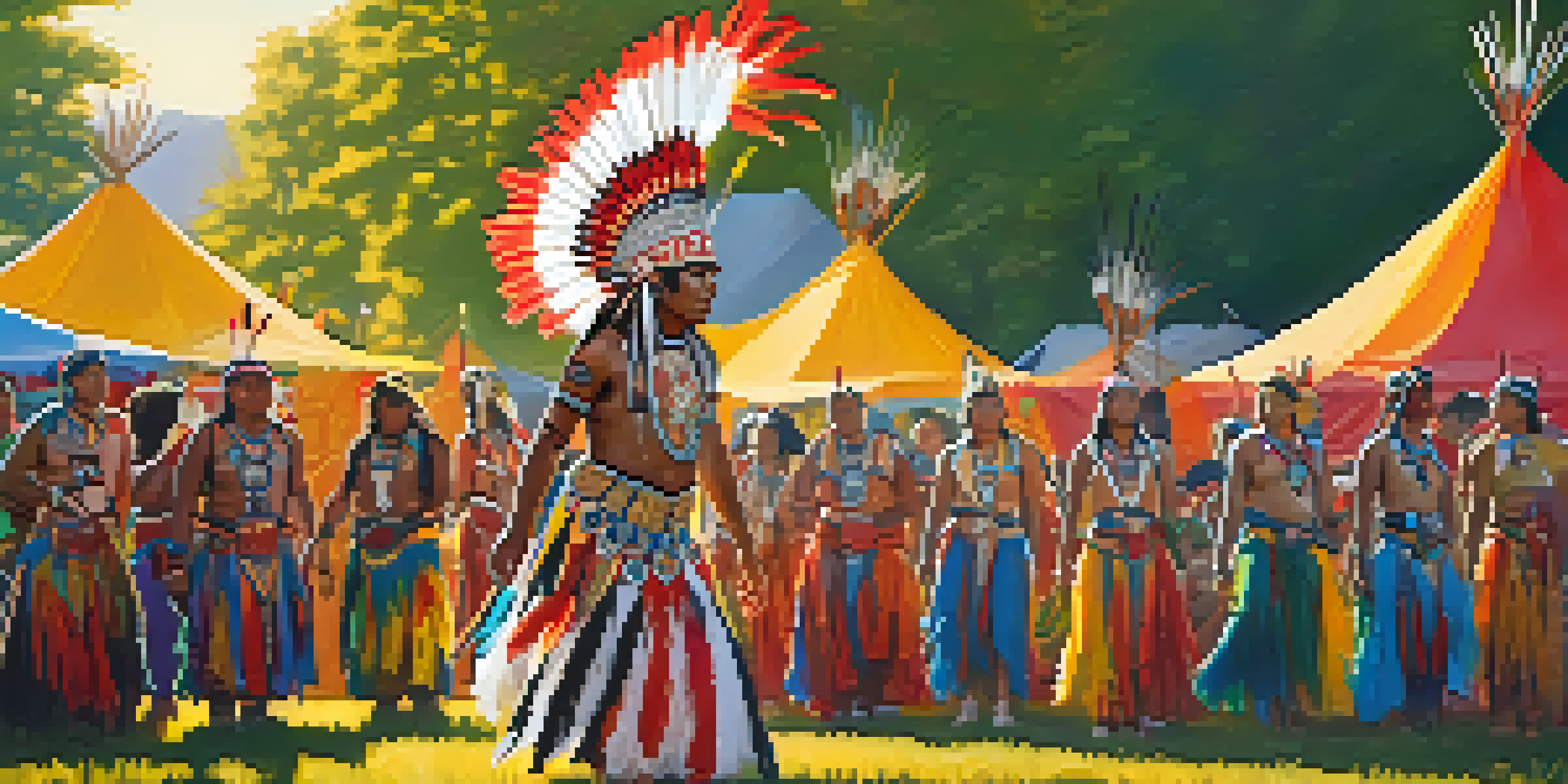 Indigenous dancers in traditional attire performing at a powwow in a park, surrounded by spectators and colorful decorations.