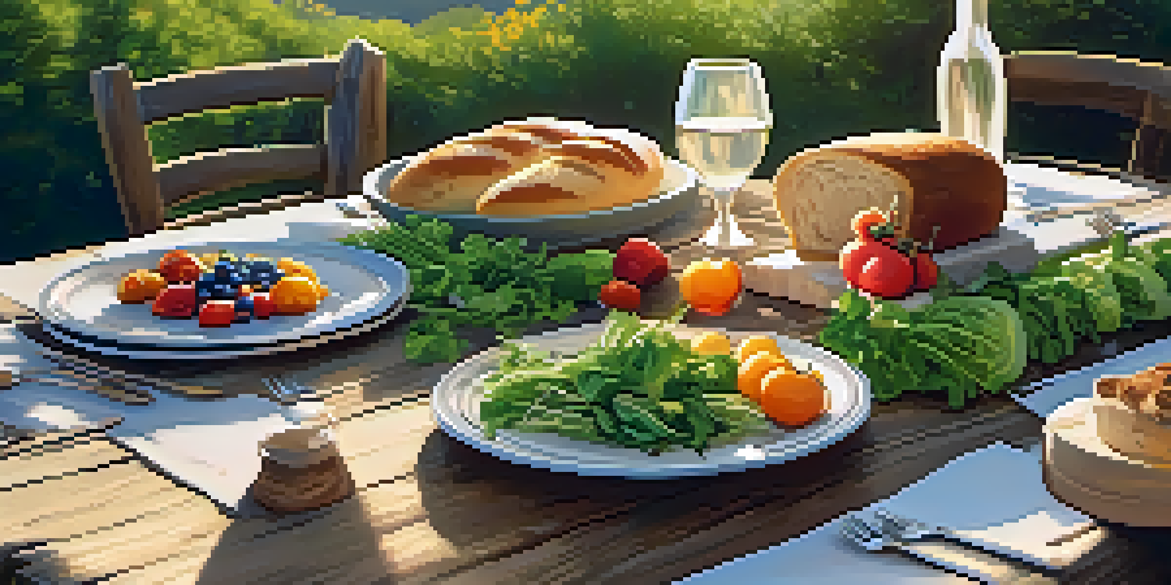 An outdoor dining setup with a wooden table filled with colorful seasonal vegetables and locally sourced dishes under warm sunlight.