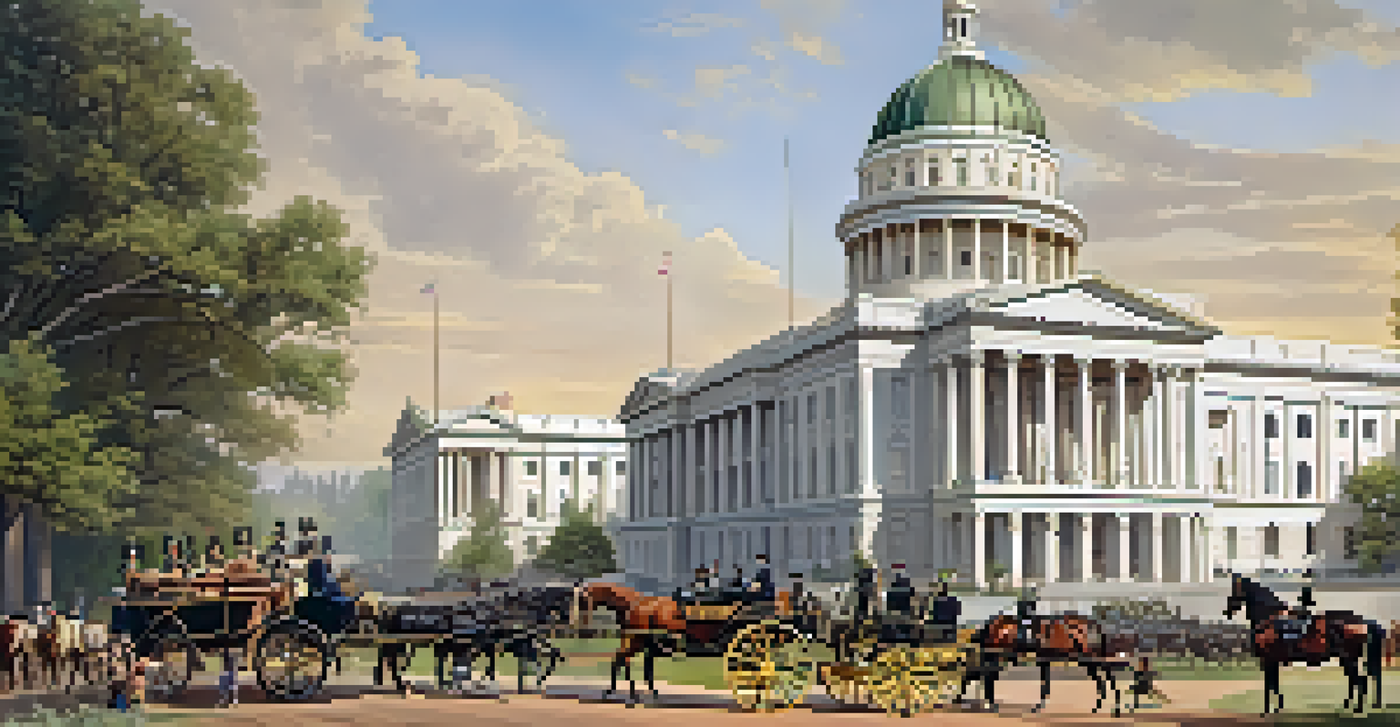 The Sacramento State Capitol building in the mid-1800s, showcasing its classical architecture and bustling streets with horse-drawn carriages and people discussing politics.