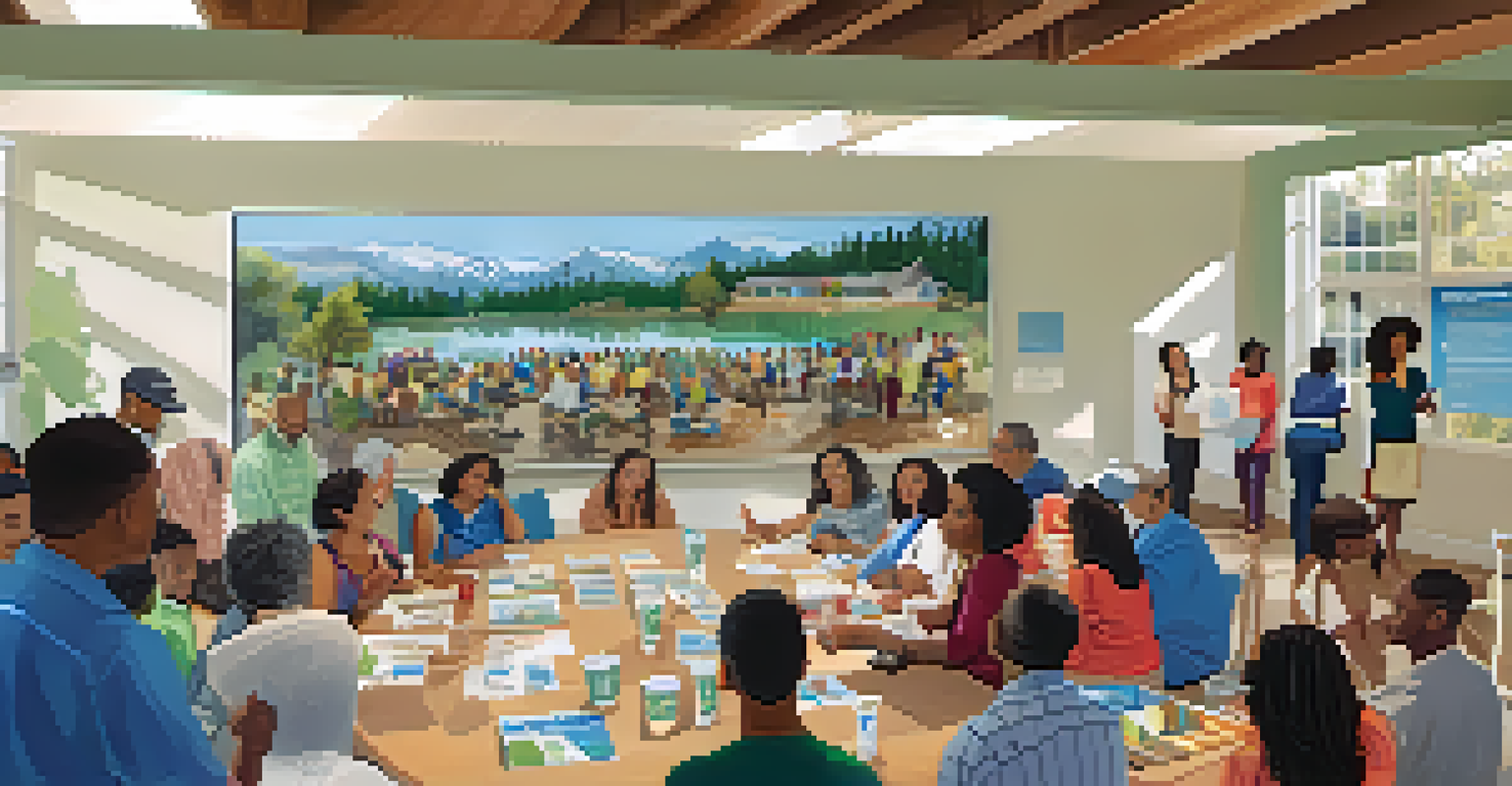 A lively community engagement event in Sacramento, featuring residents discussing water conservation with informational materials displayed, all in a well-lit environment.