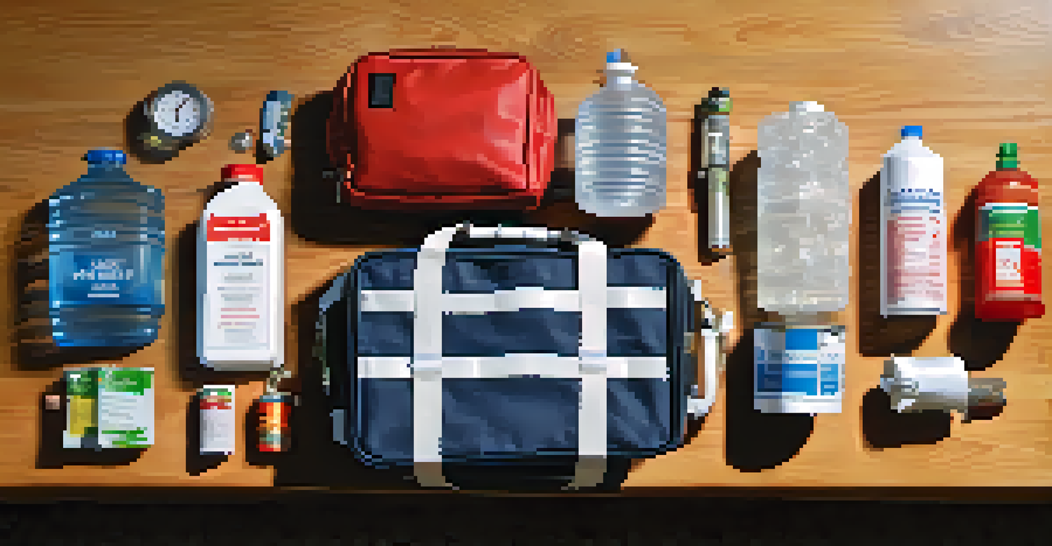 A close-up view of an emergency preparedness kit with essential supplies on a wooden table.