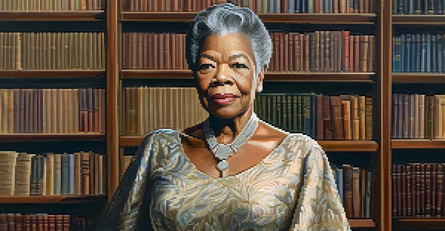 A portrait of Dr. Maya Angelou in a library, dressed elegantly and looking thoughtfully towards the viewer.