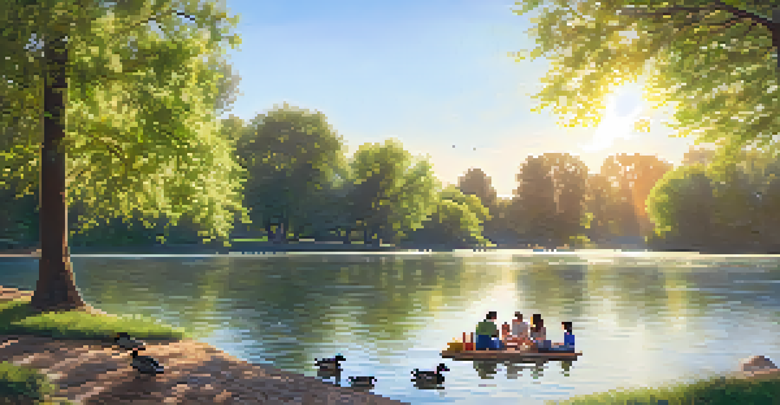 A family relaxing on a picnic blanket by a river, surrounded by nature and greenery.
