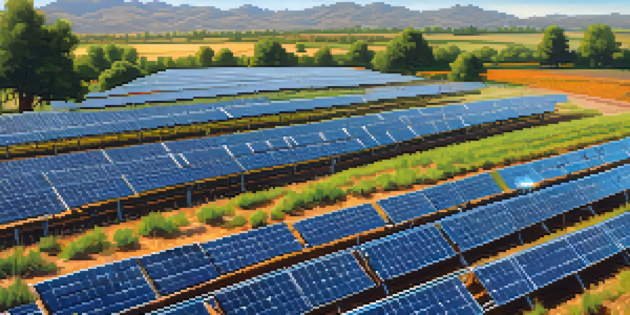 A solar farm in Sacramento with solar panels and a wind turbine, surrounded by greenery and distant hills under a blue sky.