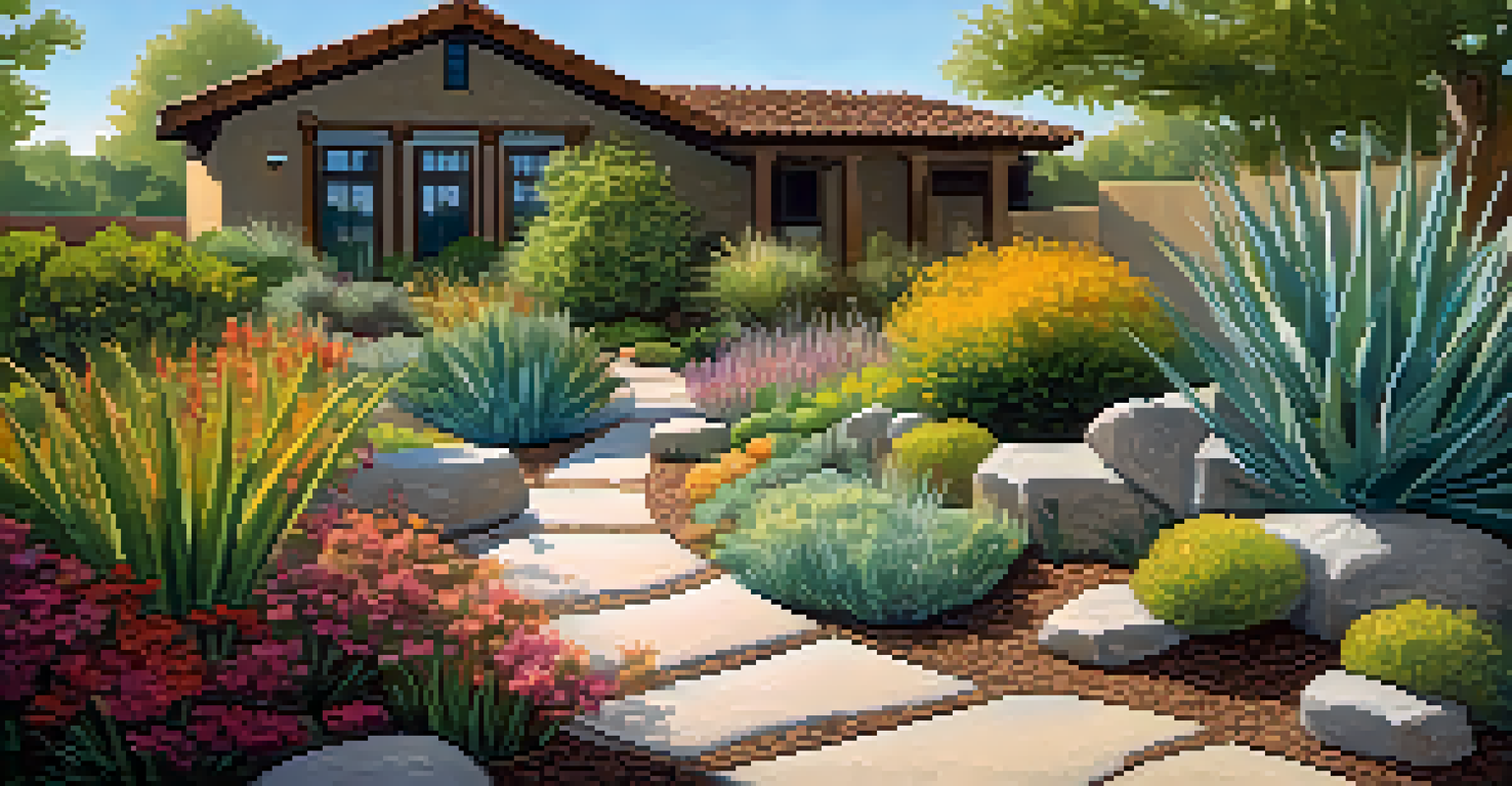 Close-up of a water conservation garden with native plants and a rainwater harvesting system.