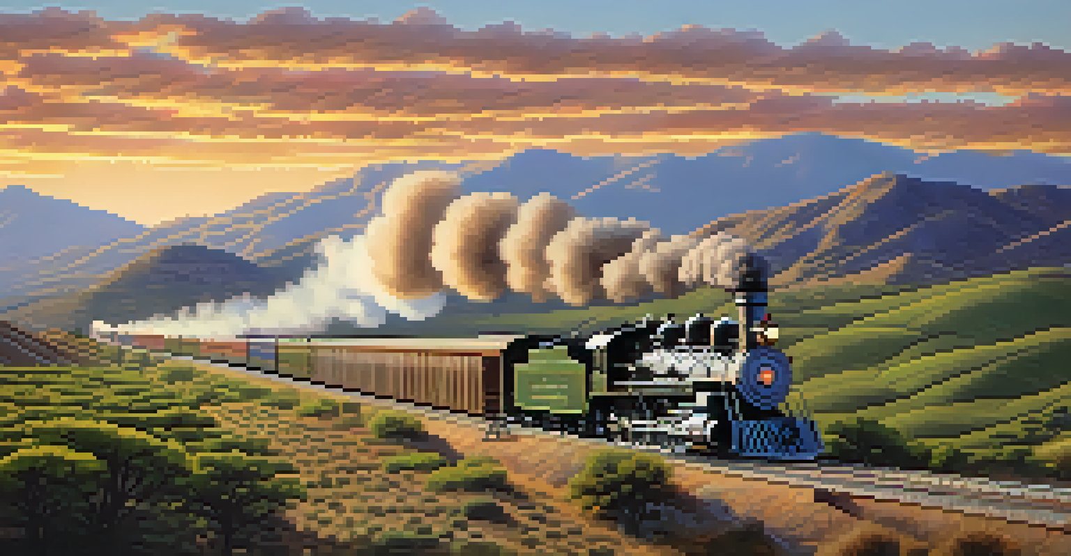 An artistic depiction of the Transcontinental Railroad passing through California's landscapes with a train and farmers in fields.