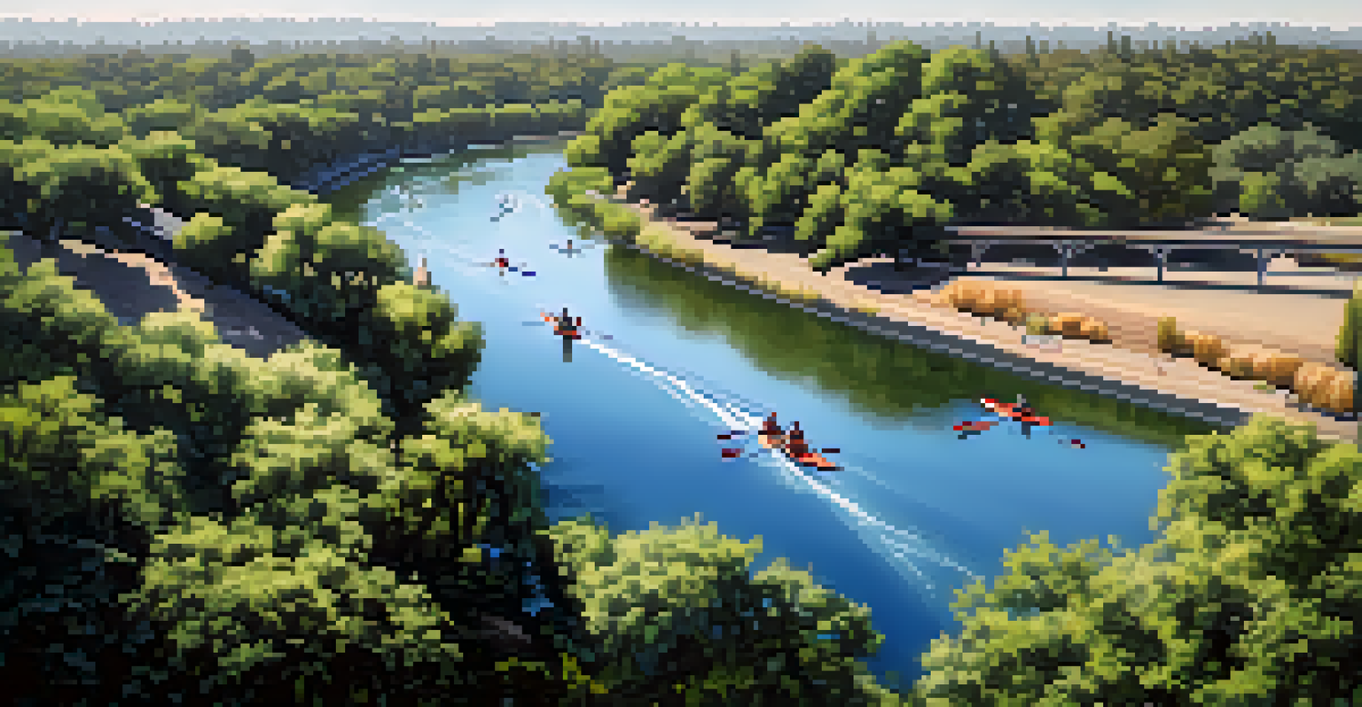 Aerial view of the American River in Sacramento, featuring lush greenery and people kayaking and cycling along the river.