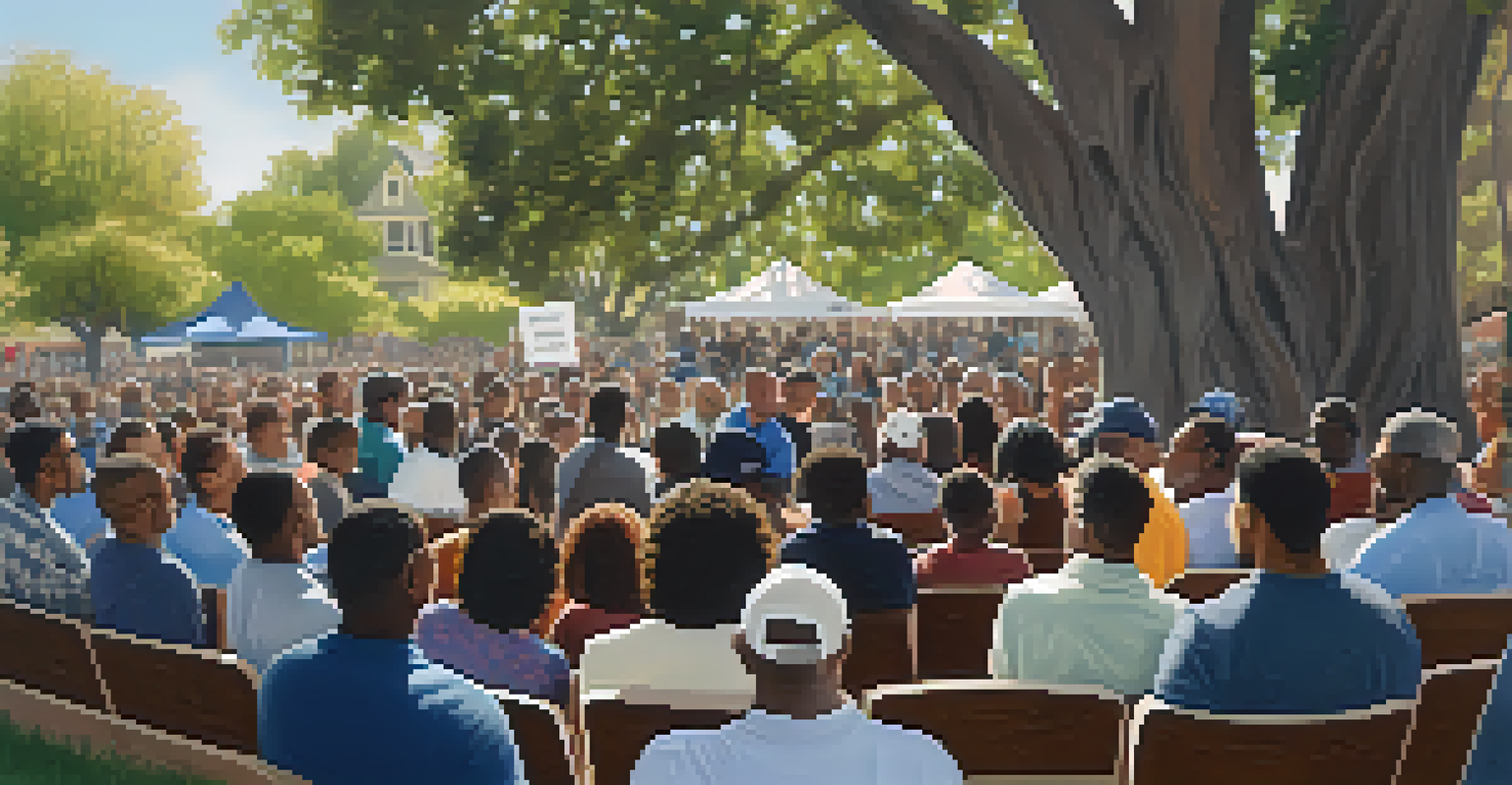 A close-up of a community gathering with a speaker and engaged listeners in a Sacramento neighborhood, featuring civil rights banners and natural light.