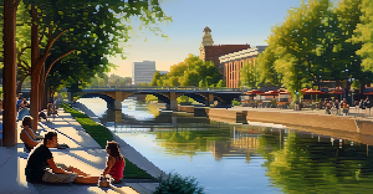 The Sacramento River with green parks and vibrant buildings on the banks, featuring people enjoying outdoor activities during golden hour.