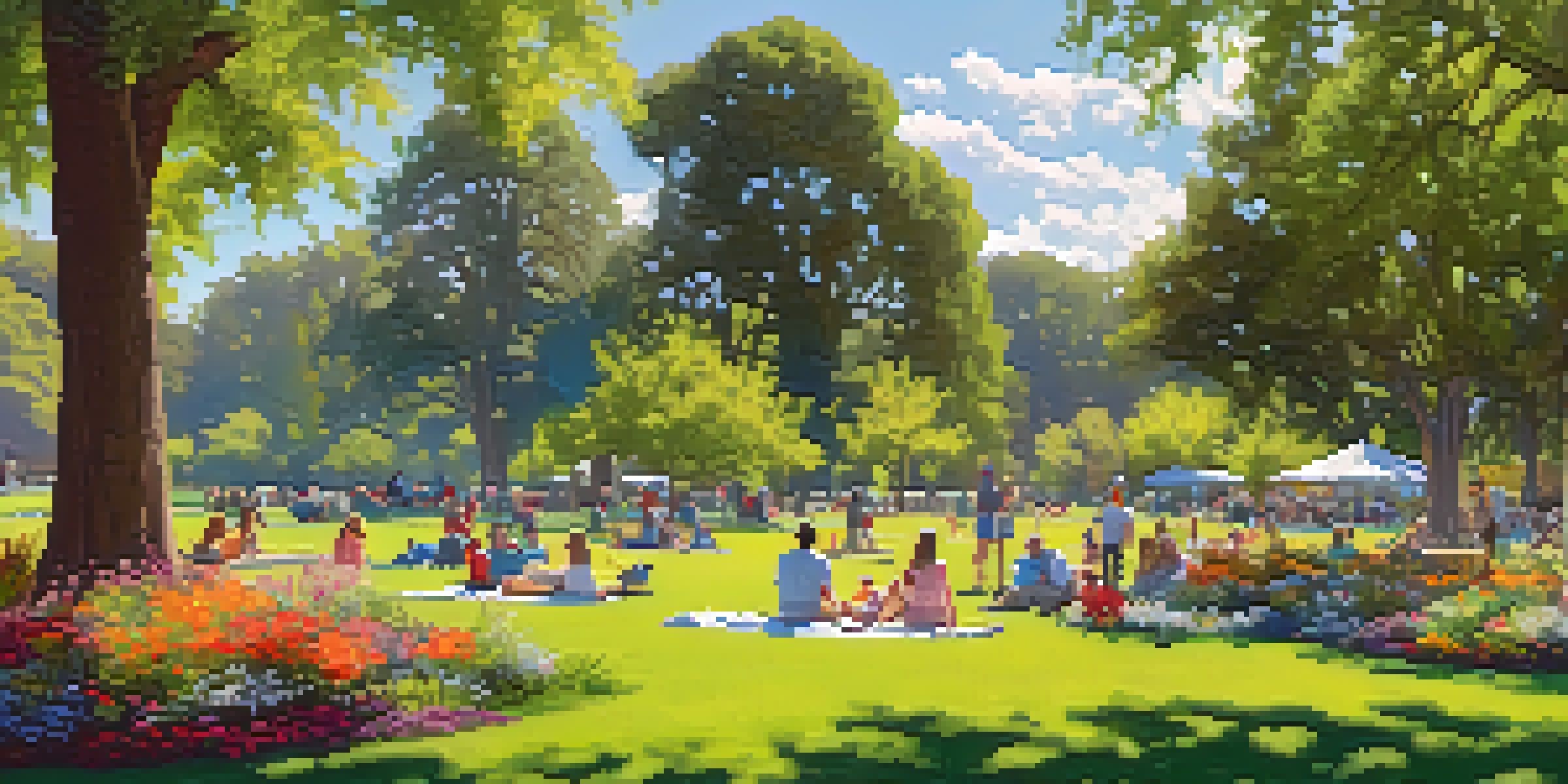 A sunny day in William Land Park, with families picnicking on green lawns and colorful flowers blooming.