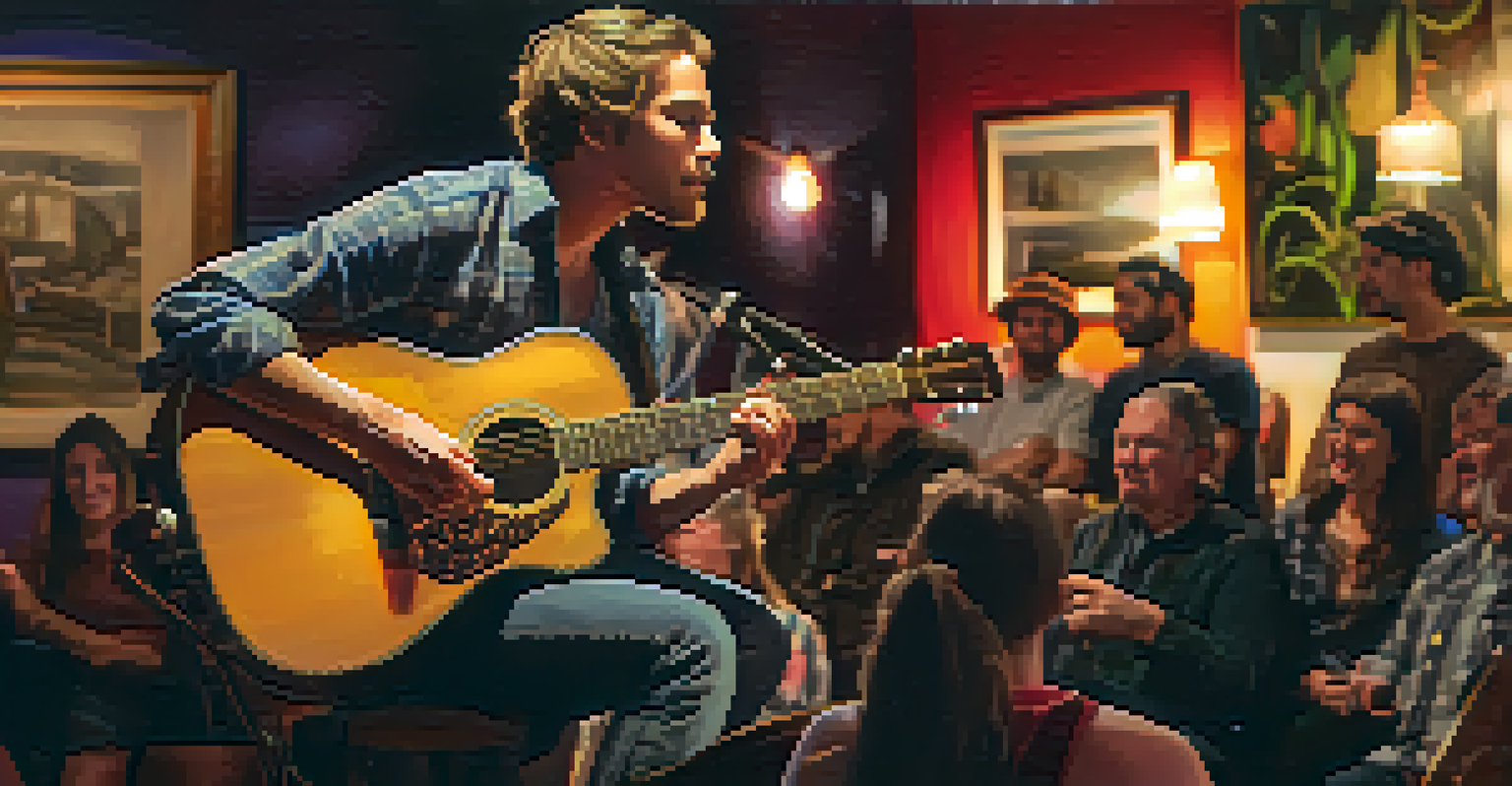 A musician playing guitar at an open mic night, with warm lighting and an engaged audience in a cozy venue.