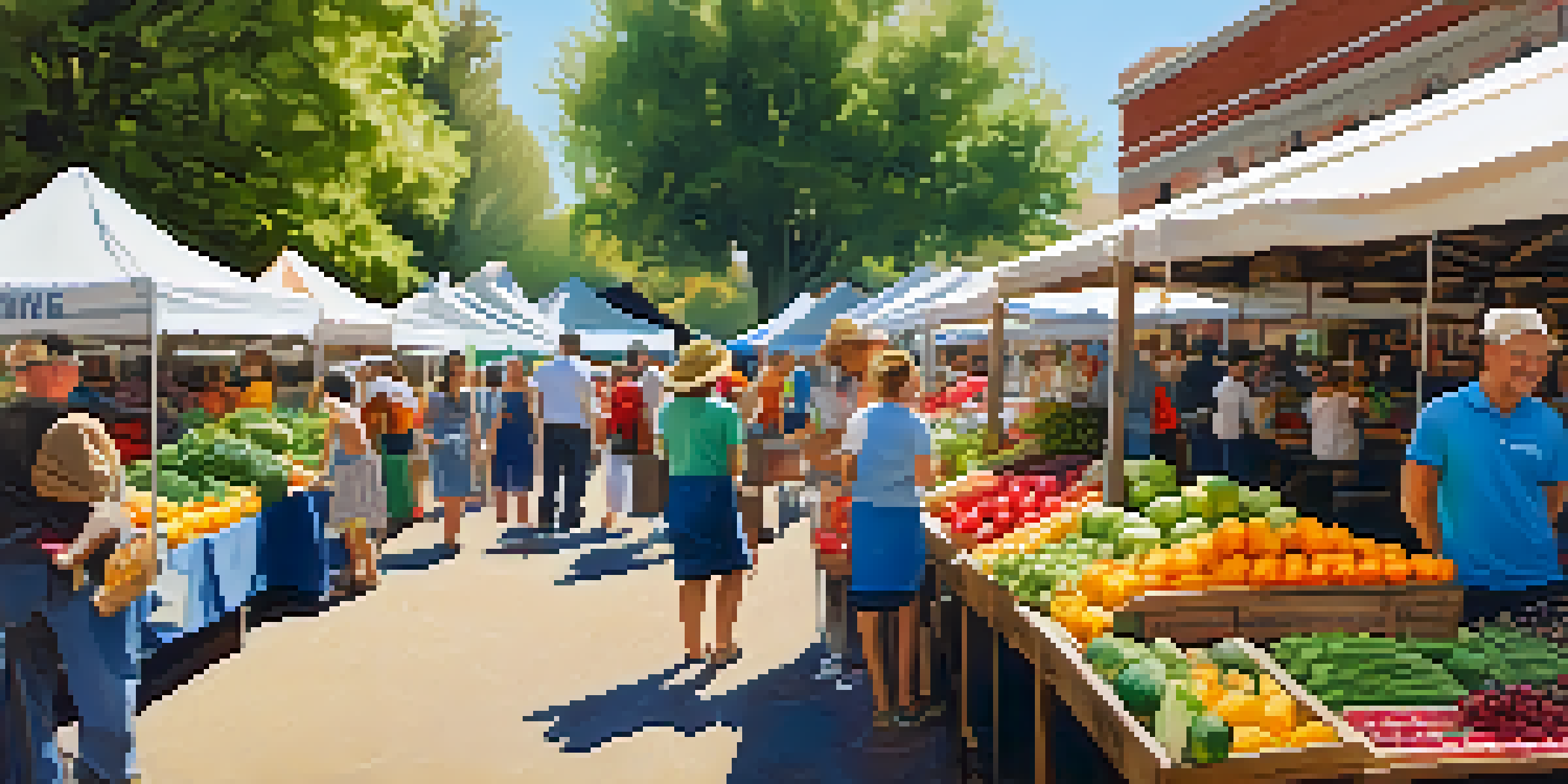 A bustling farmers' market filled with colorful fruits and vegetables, with local farmers interacting with customers under natural sunlight.
